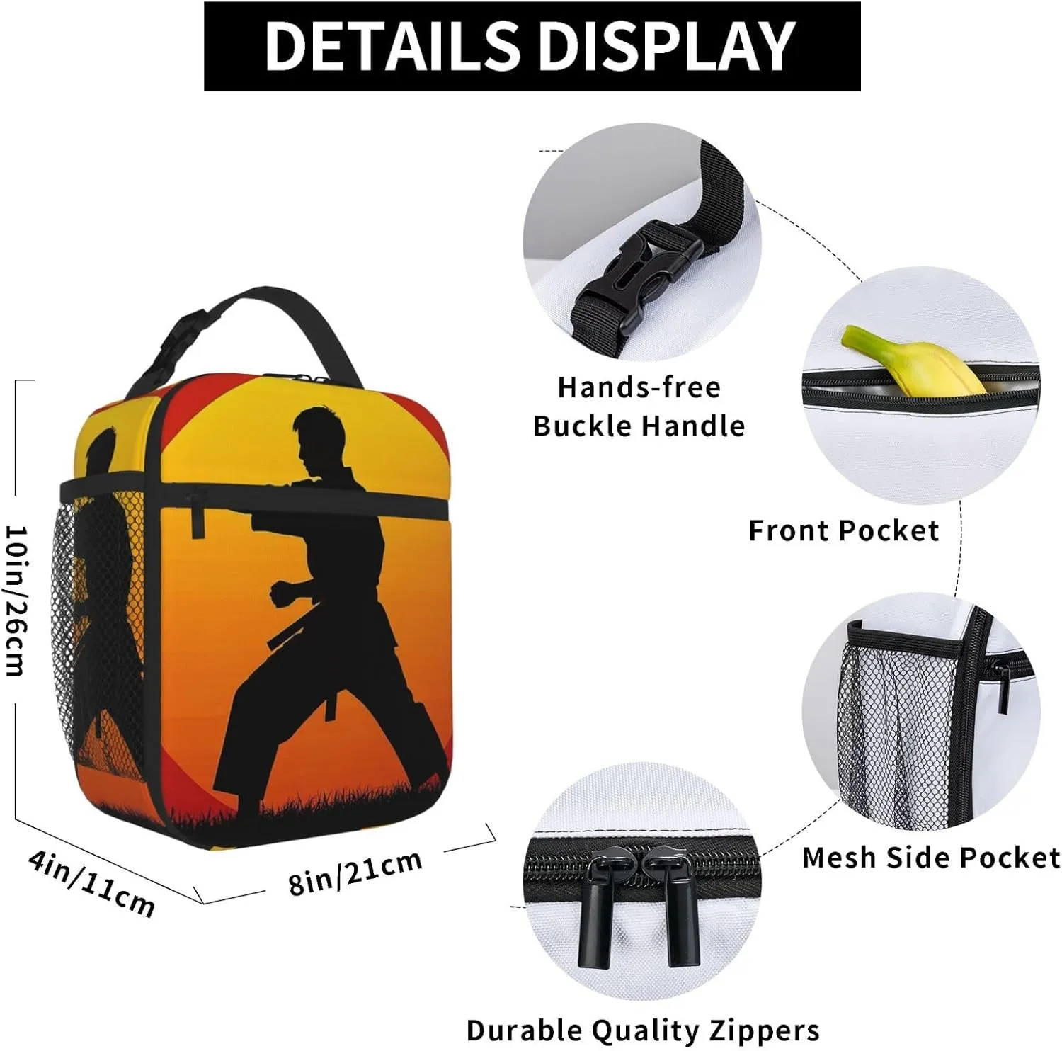Insulated Lunch Bag for Women Men Portable Reusable Lunch Box Sun Karate Silhouette Lunch Tote Bag for Work Picnic Travel