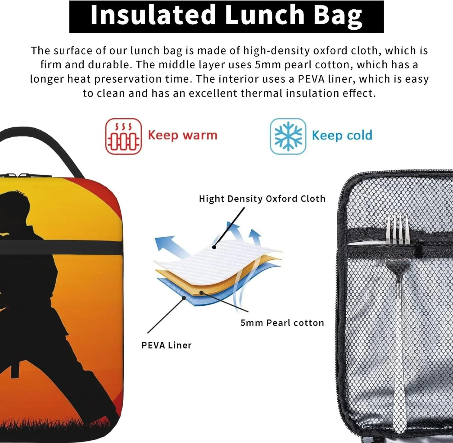 Insulated Lunch Bag for Women Men Portable Reusable Lunch Box Sun Karate Silhouette Lunch Tote Bag for Work Picnic Travel