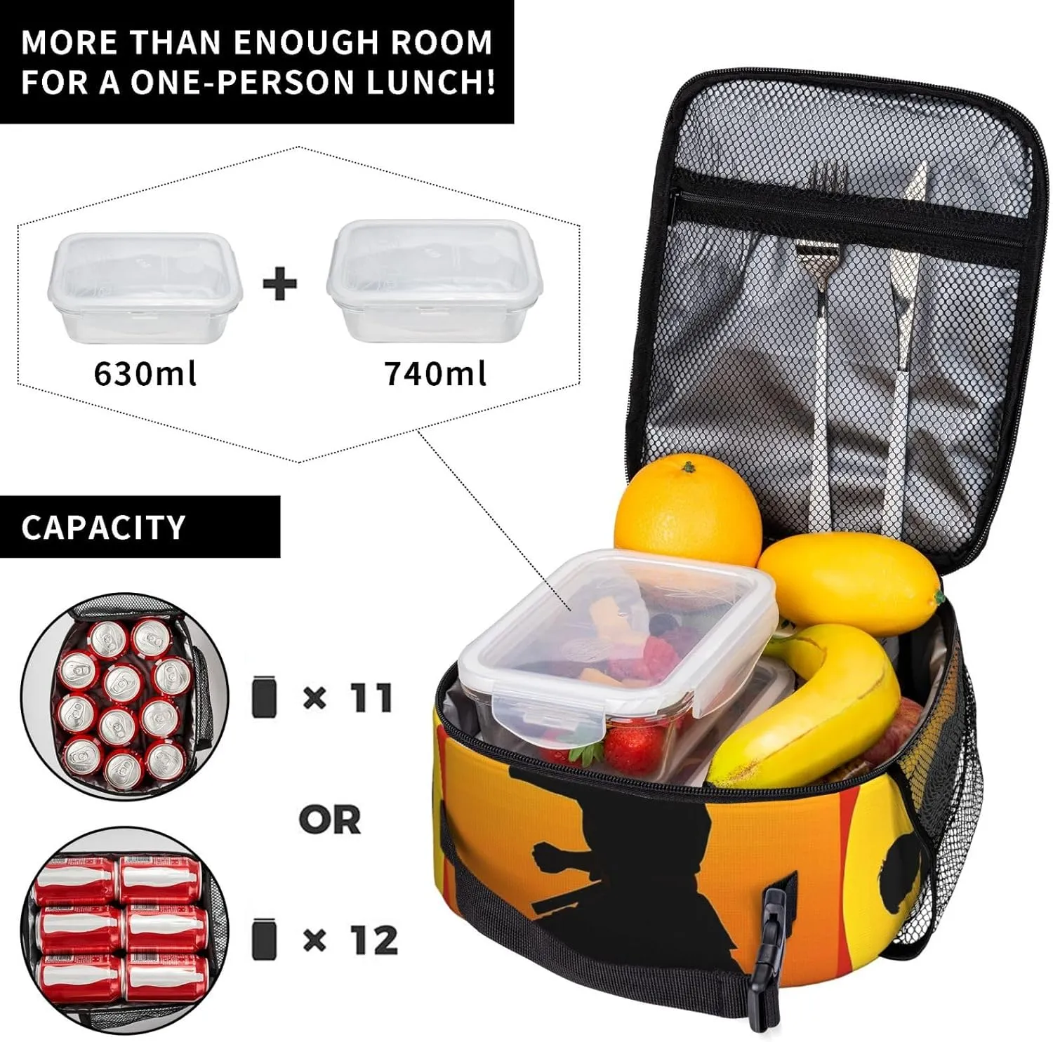 Insulated Lunch Bag for Women Men Portable Reusable Lunch Box Sun Karate Silhouette Lunch Tote Bag for Work Picnic Travel