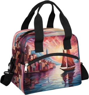 Insulated Lunch Bag Seawater Sailboat City Lunch Box for Women Men Reusable Lunch Tote Bag with Adjustable Shoulder Belt Portable Lunchbox Cooler Bag Organizer for Office Work Picnic