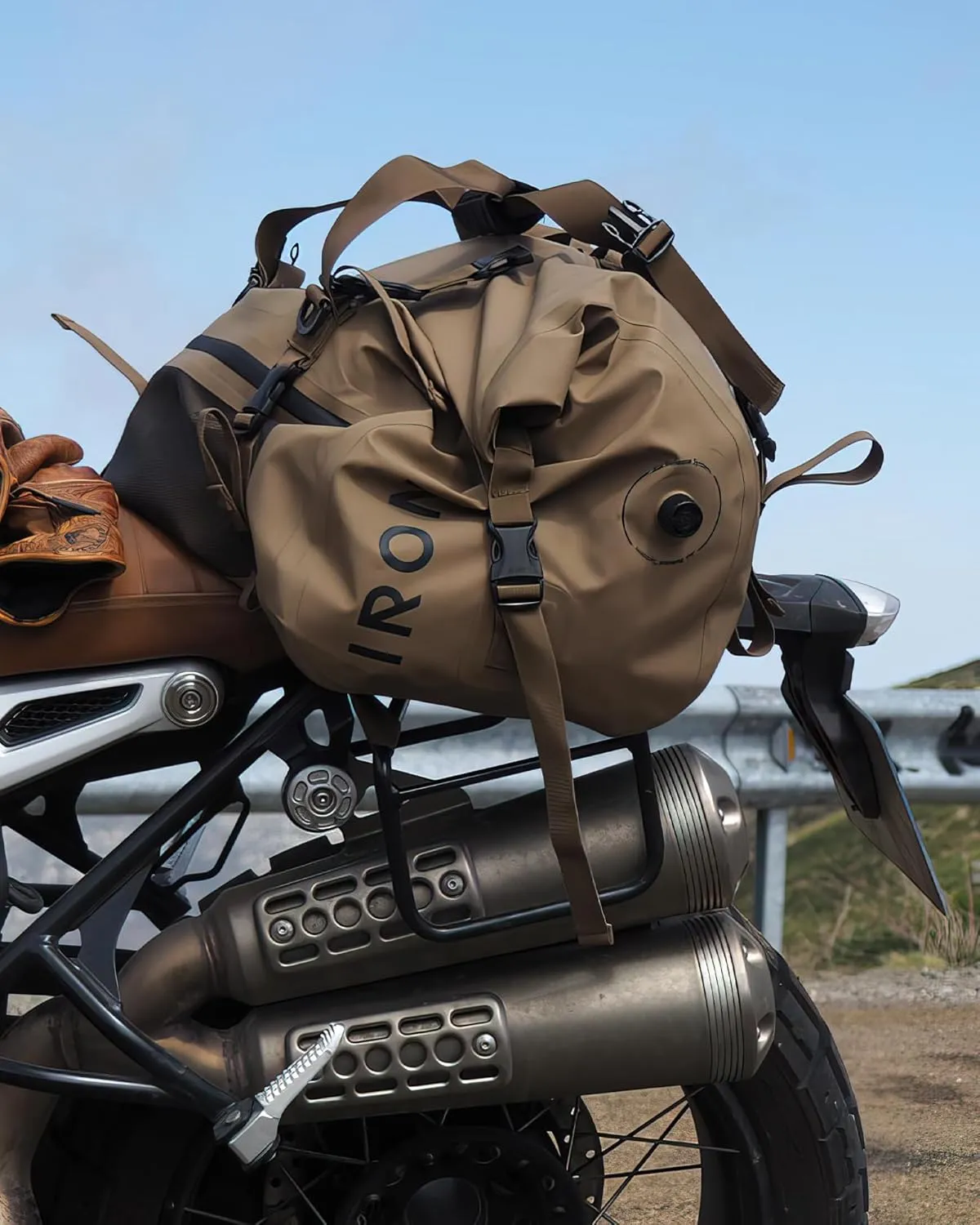 IRON JIA'S Motorcycle Dry Bag - Waterproof Duffle & Luggage Tail Bag Saddle Bags with Roll Top Closure, Shoulder Straps, Inner Pocket and Mesh Pocket (Brown, 30L)