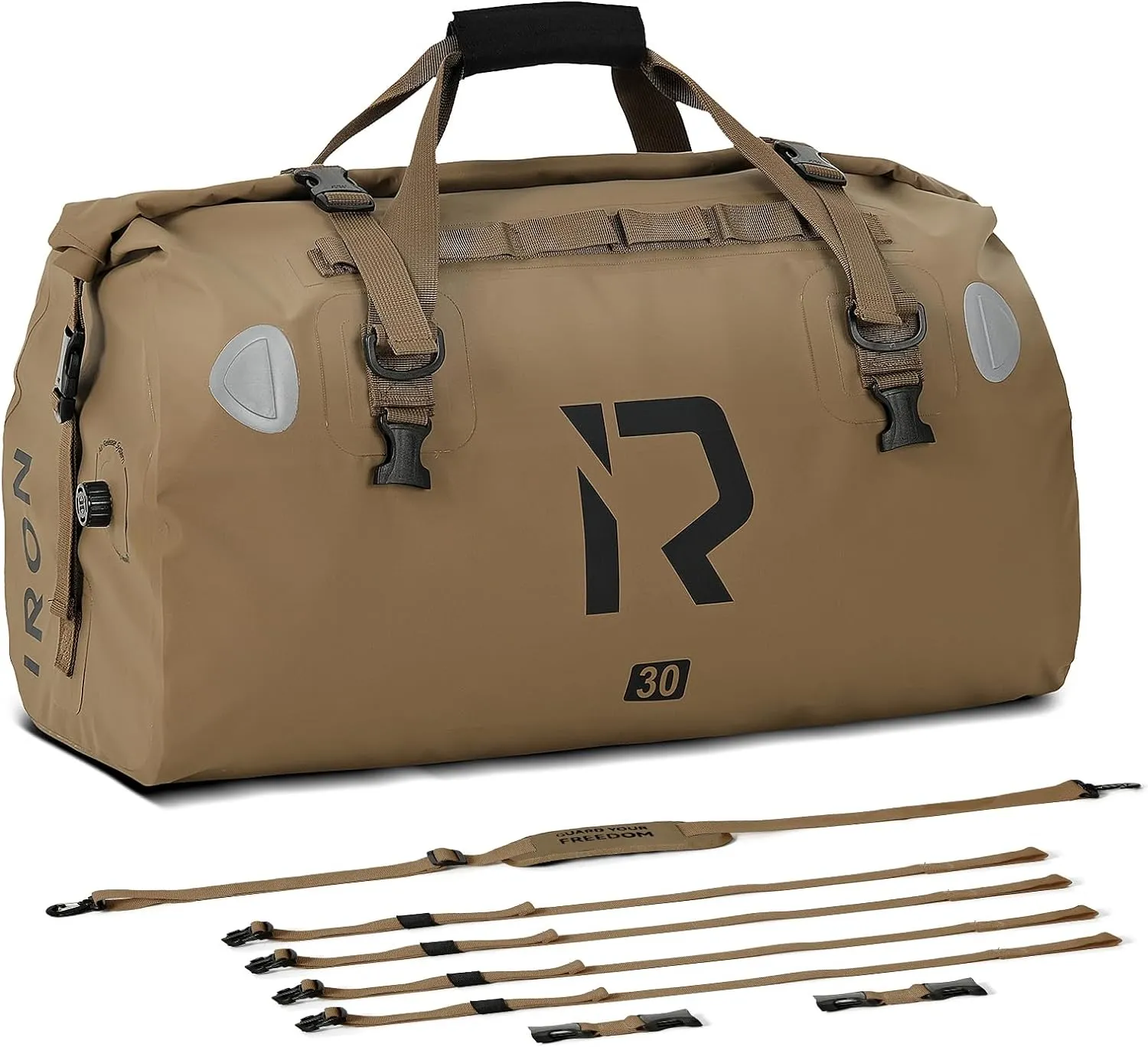 IRON JIA'S Motorcycle Dry Bag - Waterproof Duffle & Luggage Tail Bag Saddle Bags with Roll Top Closure, Shoulder Straps, Inner Pocket and Mesh Pocket (Brown, 30L)