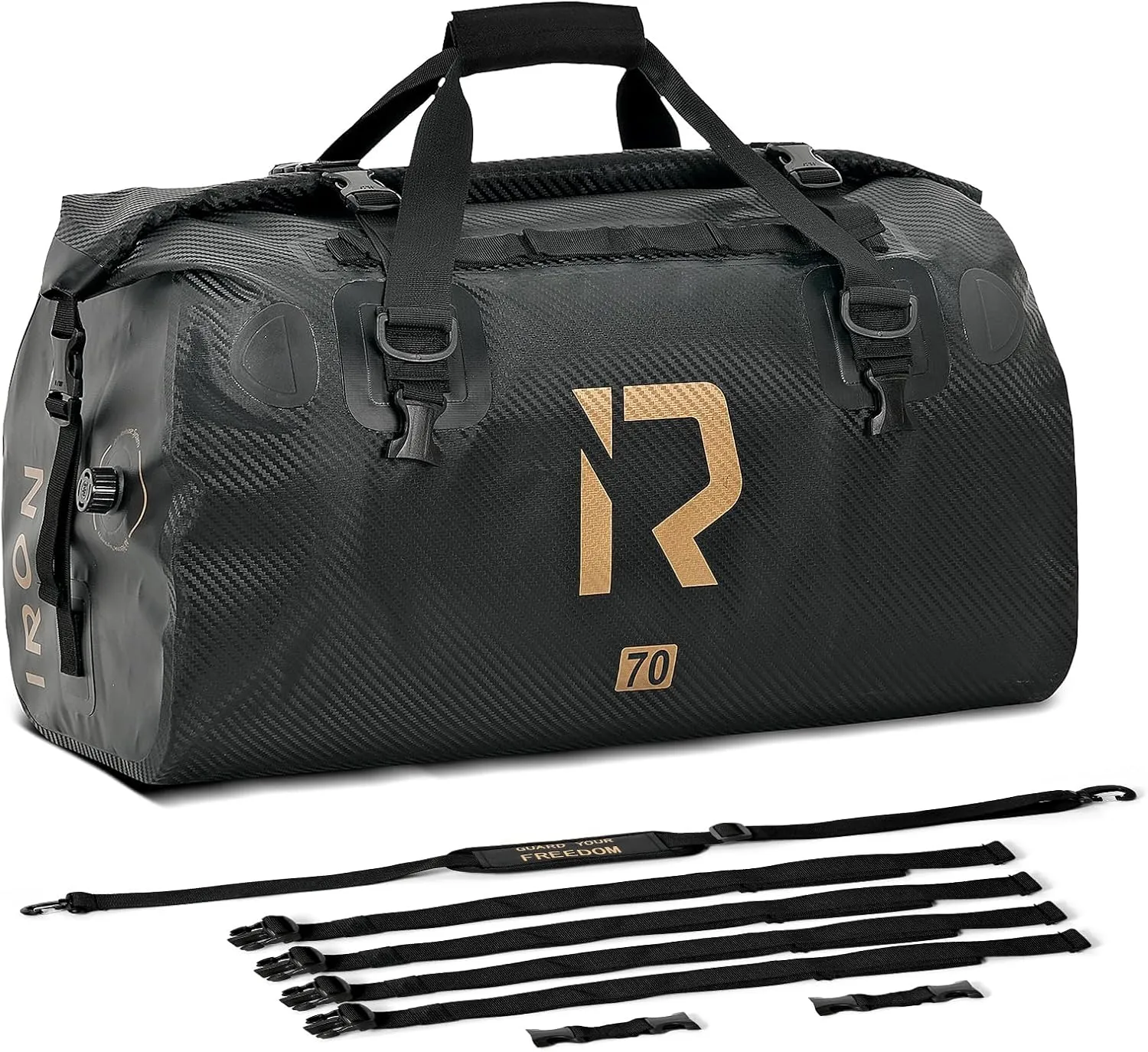 IRON JIA'S Motorcycle Dry Bag - Waterproof Duffle & Luggage Tail Bag Saddle Bags with Roll Top Closure, Shoulder Straps, Inner Pocket and Mesh Pocket (Carbon Fiber, 70L)