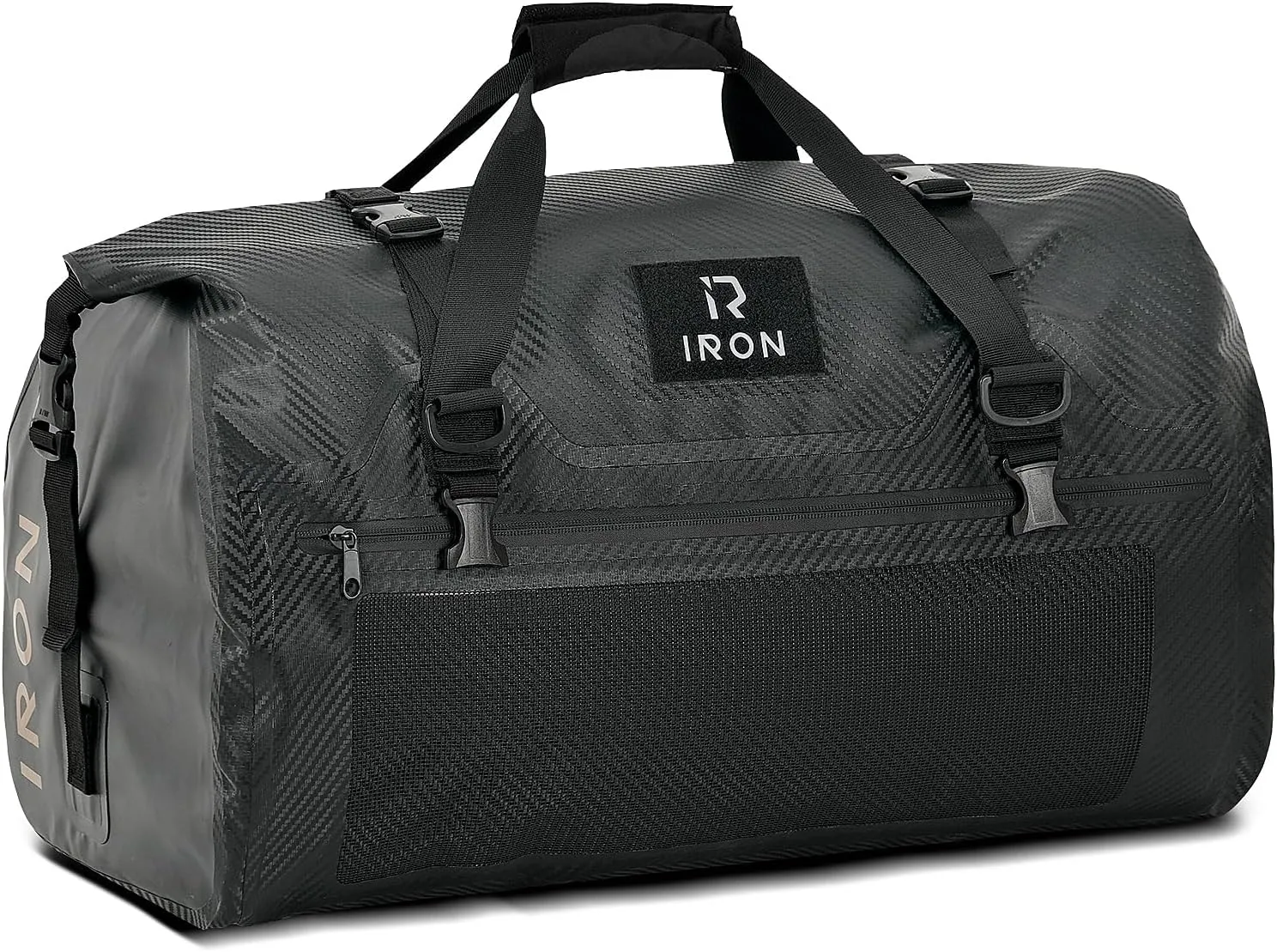 IRON JIA'S Motorcycle Dry Bag - Waterproof Duffle & Luggage Tail Bag Saddle Bags with Roll Top Closure, Shoulder Straps, Inner Pocket and Mesh Pocket (Carbon Fiber, 70L)