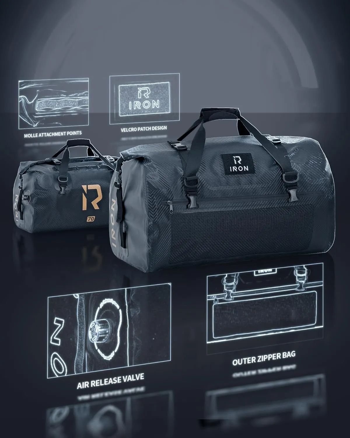 IRON JIA'S Motorcycle Dry Bag - Waterproof Duffle & Luggage Tail Bag Saddle Bags with Roll Top Closure, Shoulder Straps, Inner Pocket and Mesh Pocket (Carbon Fiber, 70L)