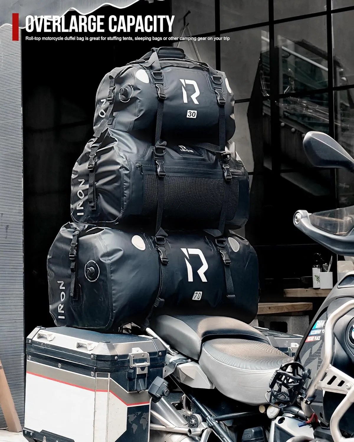 IRON JIA'S Motorcycle Dry Bag - Waterproof Duffle & Luggage Tail Bag Saddle Bags with Roll Top Closure, Shoulder Straps, Inner Pocket and Mesh Pocket (Grey, 30L)