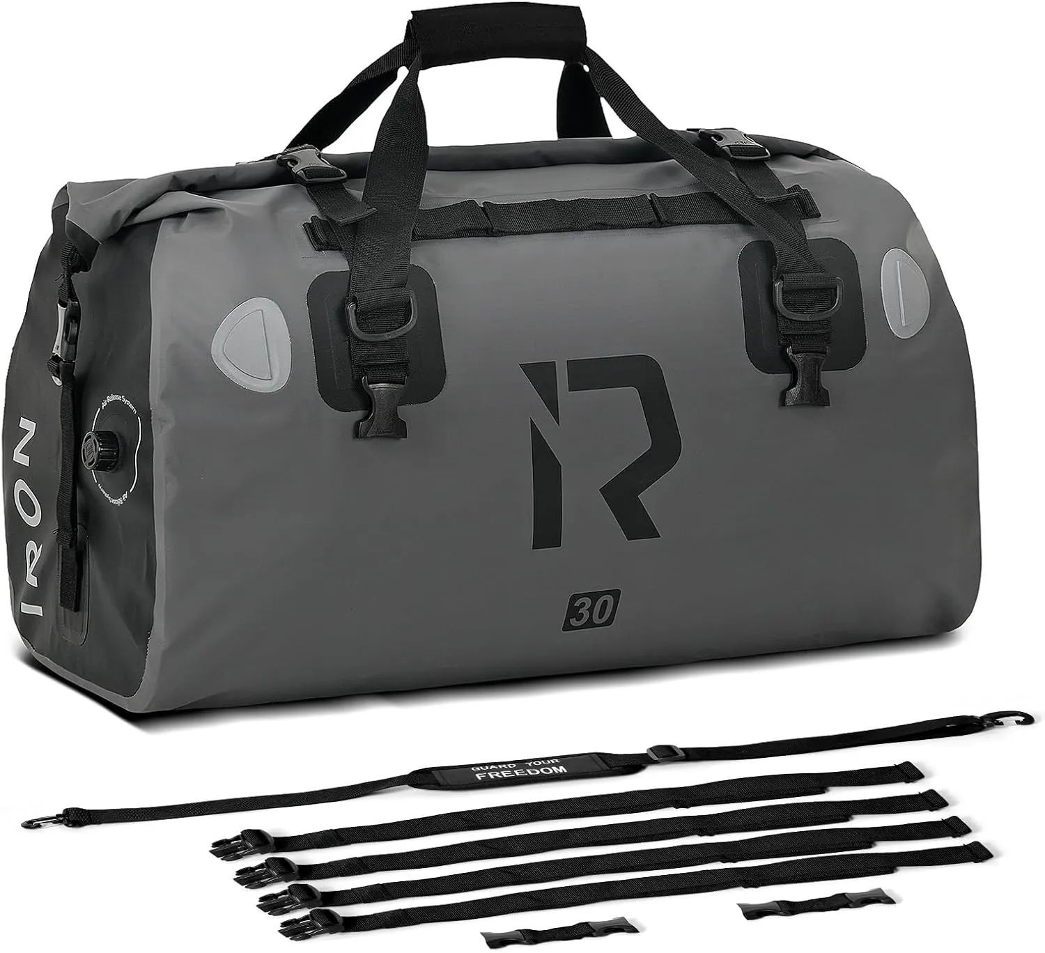 IRON JIA'S Motorcycle Dry Bag - Waterproof Duffle & Luggage Tail Bag Saddle Bags with Roll Top Closure, Shoulder Straps, Inner Pocket and Mesh Pocket (Grey, 30L)