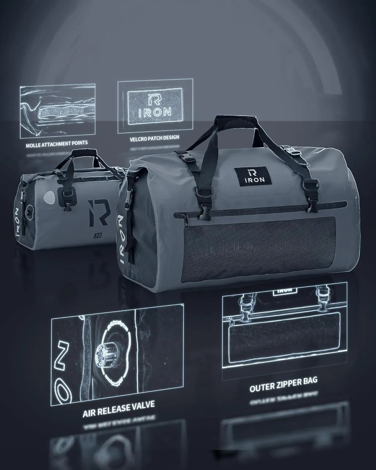 IRON JIA'S Motorcycle Dry Bag - Waterproof Duffle & Luggage Tail Bag Saddle Bags with Roll Top Closure, Shoulder Straps, Inner Pocket and Mesh Pocket (Grey, 30L)