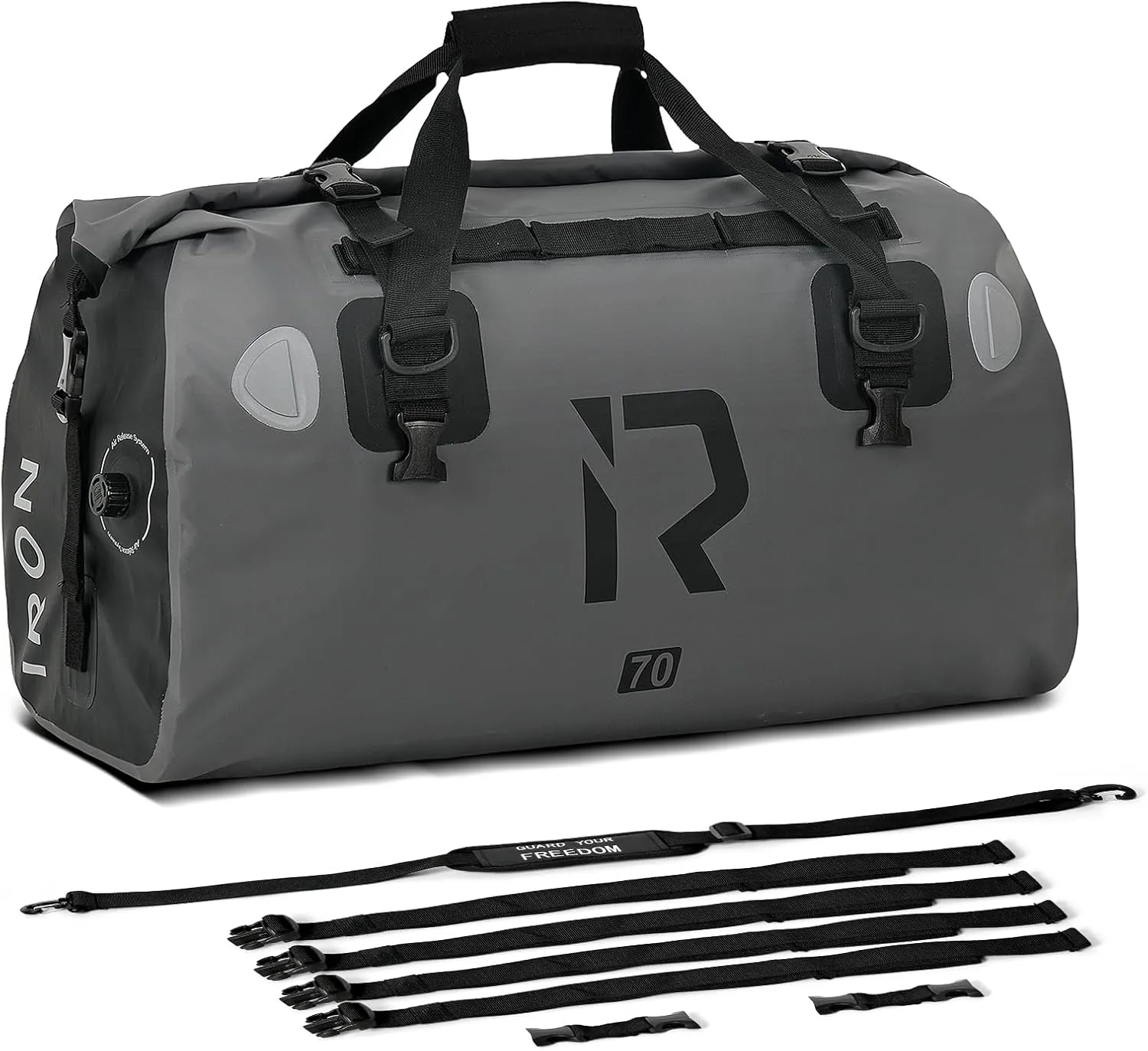 IRON JIA'S Motorcycle Dry Bag - Waterproof Duffle & Luggage Tail Bag Saddle Bags with Roll Top Closure, Shoulder Straps, Inner Pocket and Mesh Pocket (Grey, 70L)