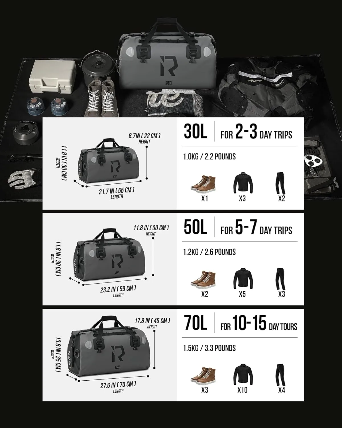 IRON JIA'S Motorcycle Dry Bag - Waterproof Duffle & Luggage Tail Bag Saddle Bags with Roll Top Closure, Shoulder Straps, Inner Pocket and Mesh Pocket (Grey, 70L)