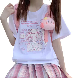 Japanese Harajuku Style Pastel Goth Kawaii Fashion Soft Crewneck Comic Cute Girl with Letter Print T-Shirt