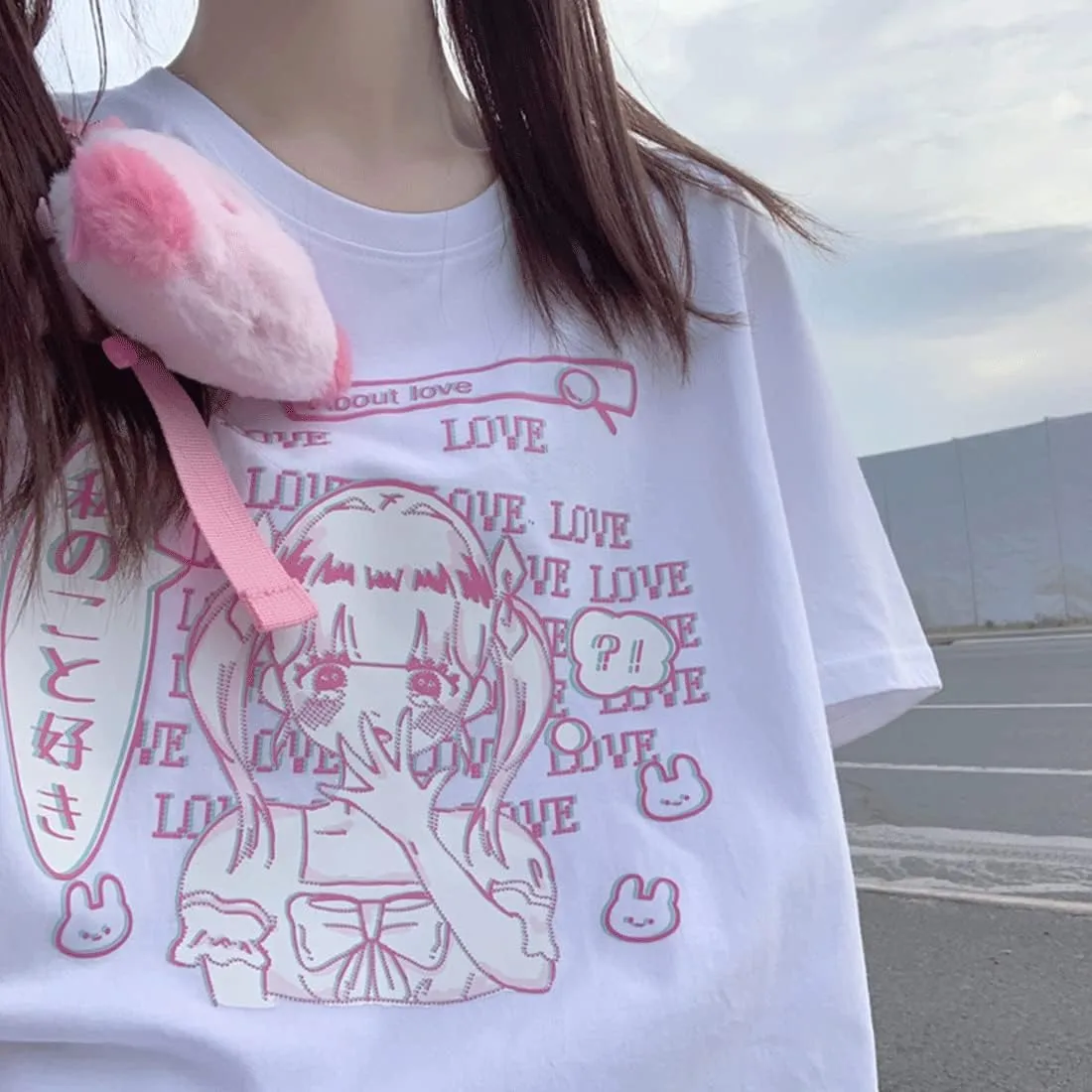 Japanese Harajuku Style Pastel Goth Kawaii Fashion Soft Crewneck Comic Cute Girl with Letter Print T-Shirt