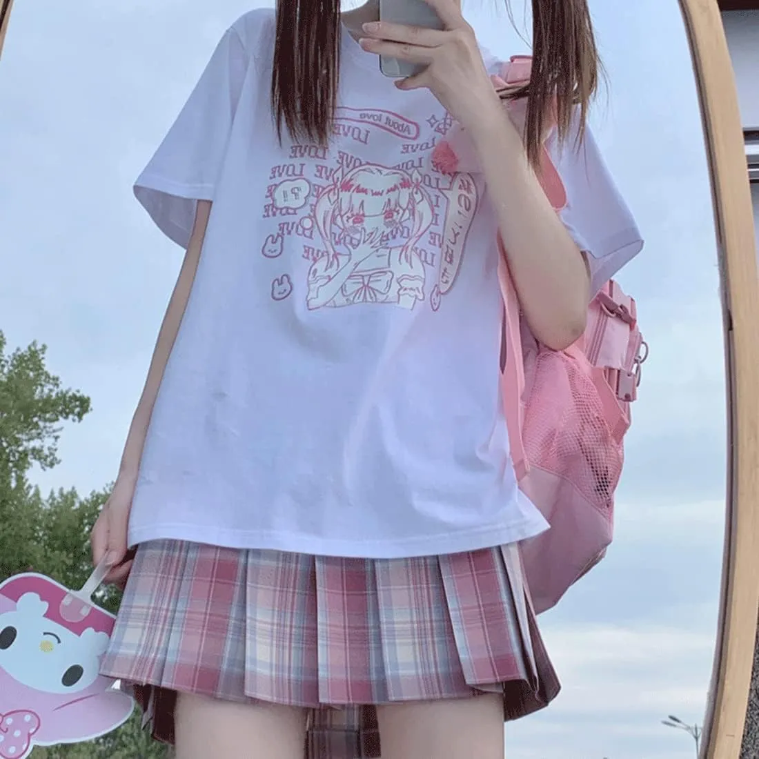 Japanese Harajuku Style Pastel Goth Kawaii Fashion Soft Crewneck Comic Cute Girl with Letter Print T-Shirt