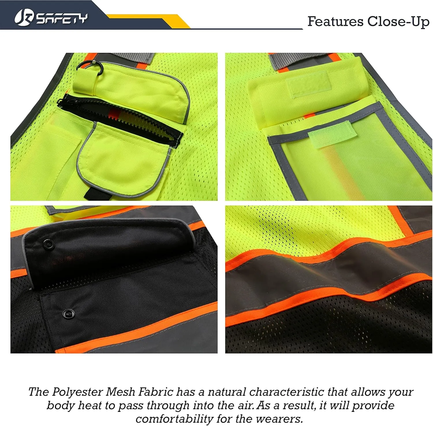 JKSafety 9 Pockets Class 2 High Visibility Dual Color Zipper Front MESH Lite Safety Vest | Orange Color Triming Reflective Strip | ANSI/ISEA Standards (100-Yellow-Black, XL)
