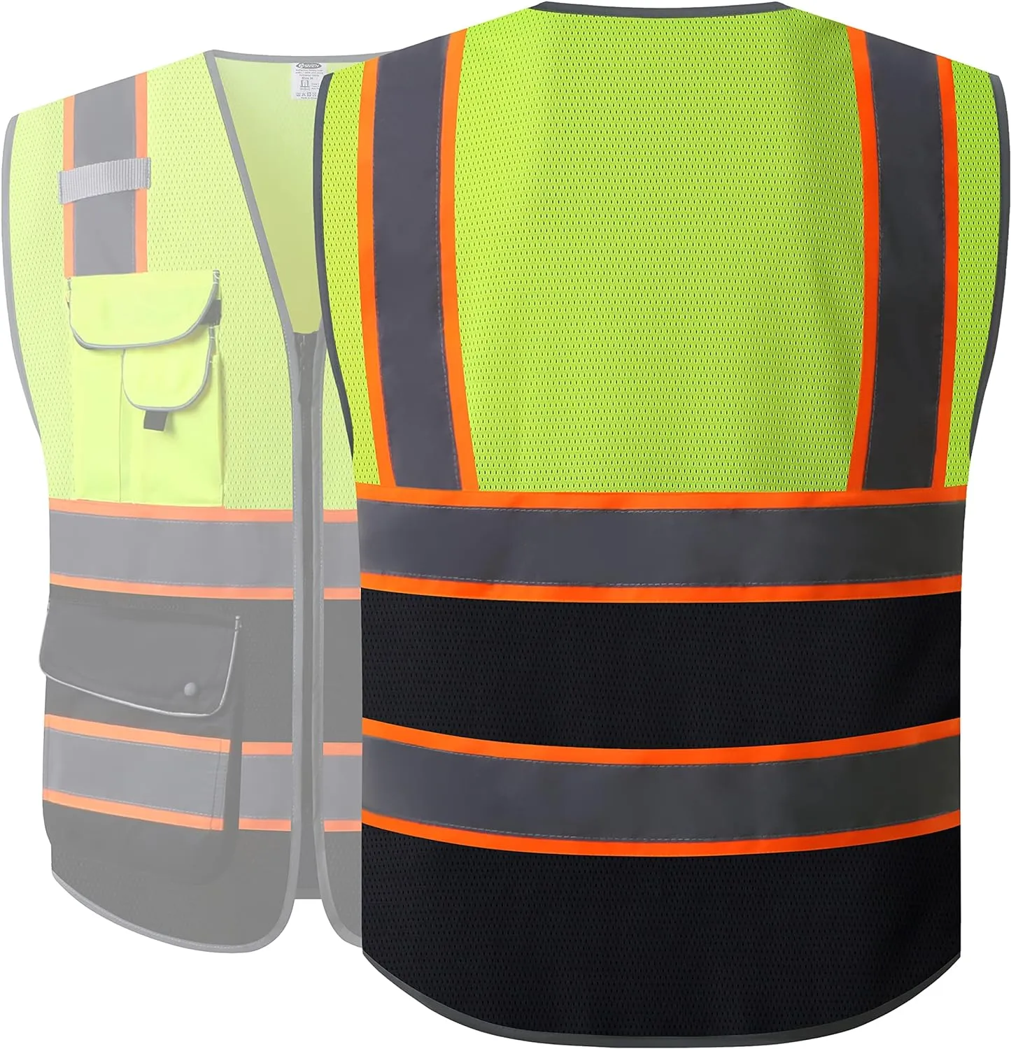 JKSafety 9 Pockets Class 2 High Visibility Dual Color Zipper Front MESH Lite Safety Vest | Orange Color Triming Reflective Strip | ANSI/ISEA Standards (100-Yellow-Black, XL)