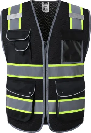 JKSafety 9 Pockets High Visibility Zipper Front MESH Black Safety Vest | Black with Dual Tone High Reflective Strips | ANSI/ISEA Standards (100-Black, L)