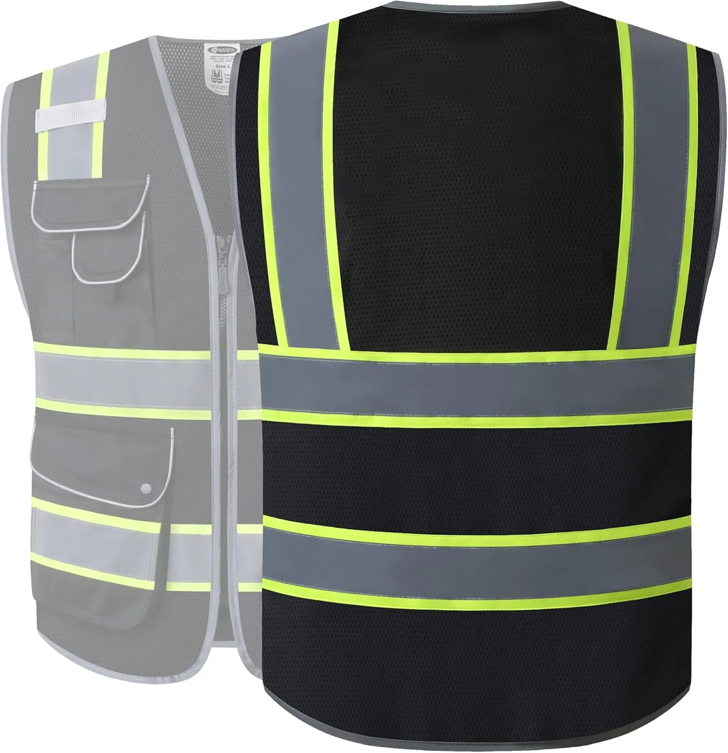 JKSafety 9 Pockets High Visibility Zipper Front MESH Black Safety Vest | Black with Dual Tone High Reflective Strips | ANSI/ISEA Standards (100-Black, L)