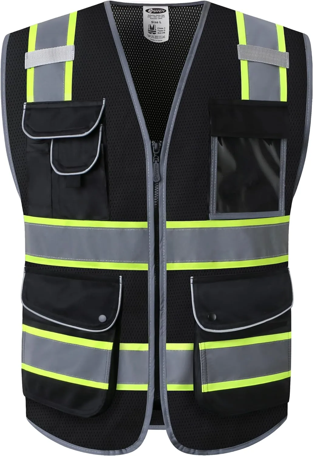 JKSafety 9 Pockets High Visibility Zipper Front MESH Black Safety Vest | Black with Dual Tone High Reflective Strips | ANSI/ISEA Standards (100-Black, L)