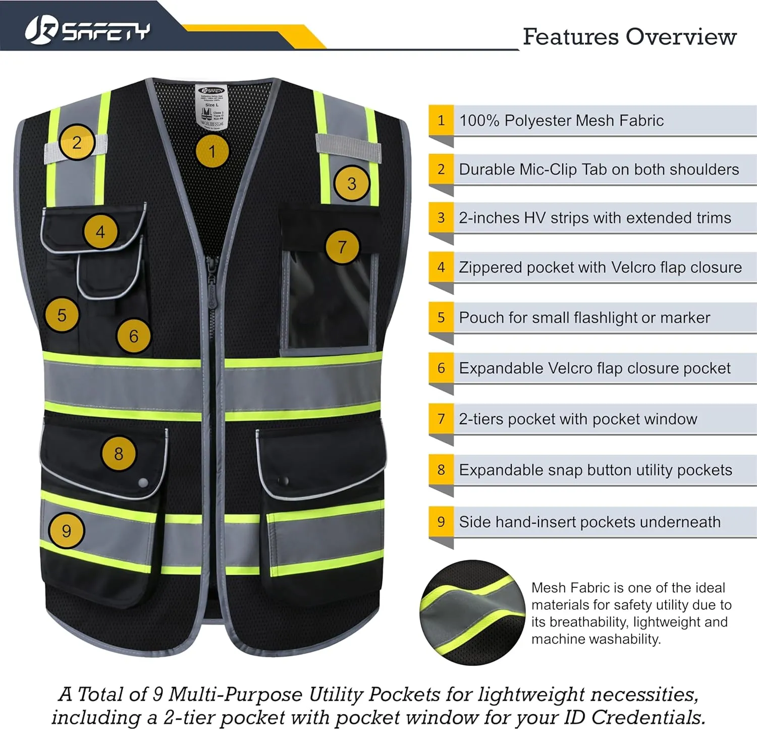 JKSafety 9 Pockets High Visibility Zipper Front MESH Black Safety Vest | Black with Dual Tone High Reflective Strips | ANSI/ISEA Standards (100-Black, L)