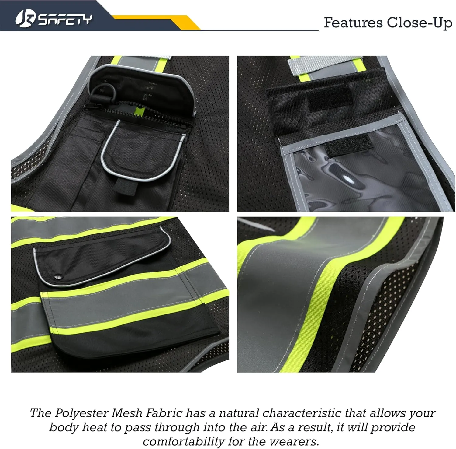JKSafety 9 Pockets High Visibility Zipper Front MESH Black Safety Vest | Black with Dual Tone High Reflective Strips | ANSI/ISEA Standards (100-Black, L)