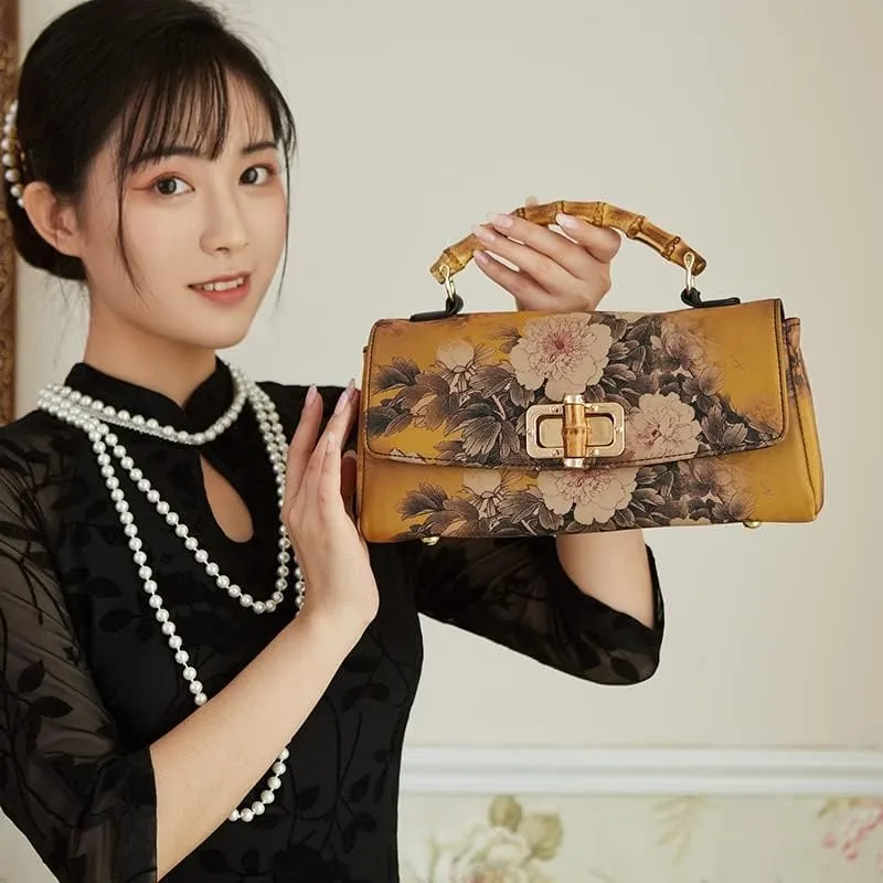 Johnature Cheongsam Leather Handbag Vintage Print Women Bag Handmade Elegan Ladies Shoulder & Crossbody Bags