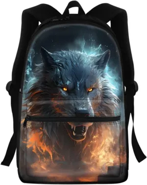 JooMeryer Cool Fox Wolf Printed Backpack for Kid Teen Boys Girls Casual School Bag Shoulder Bags with Front Zipper Pocket,Anger Wolf