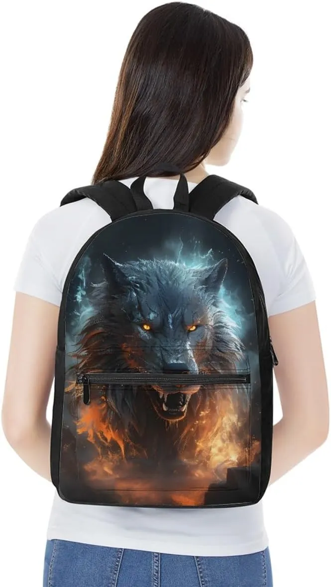 JooMeryer Cool Fox Wolf Printed Backpack for Kid Teen Boys Girls Casual School Bag Shoulder Bags with Front Zipper Pocket,Anger Wolf