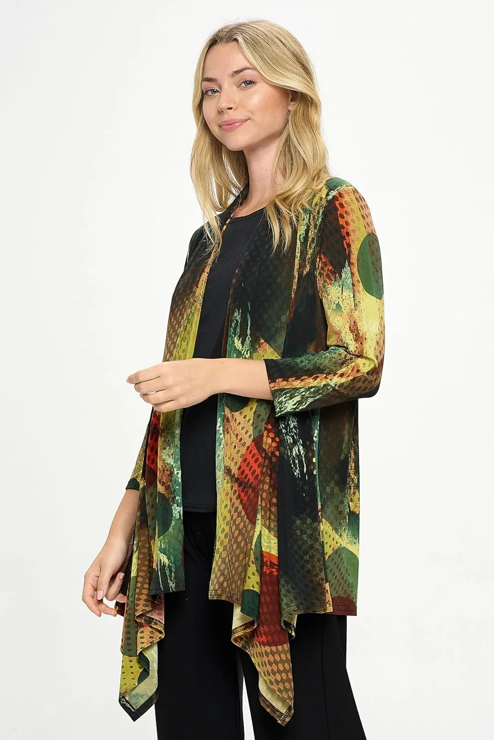 Jostar Women's Print Draped Cardigan - 3/4 Sleeve Printed Wrap Jacket