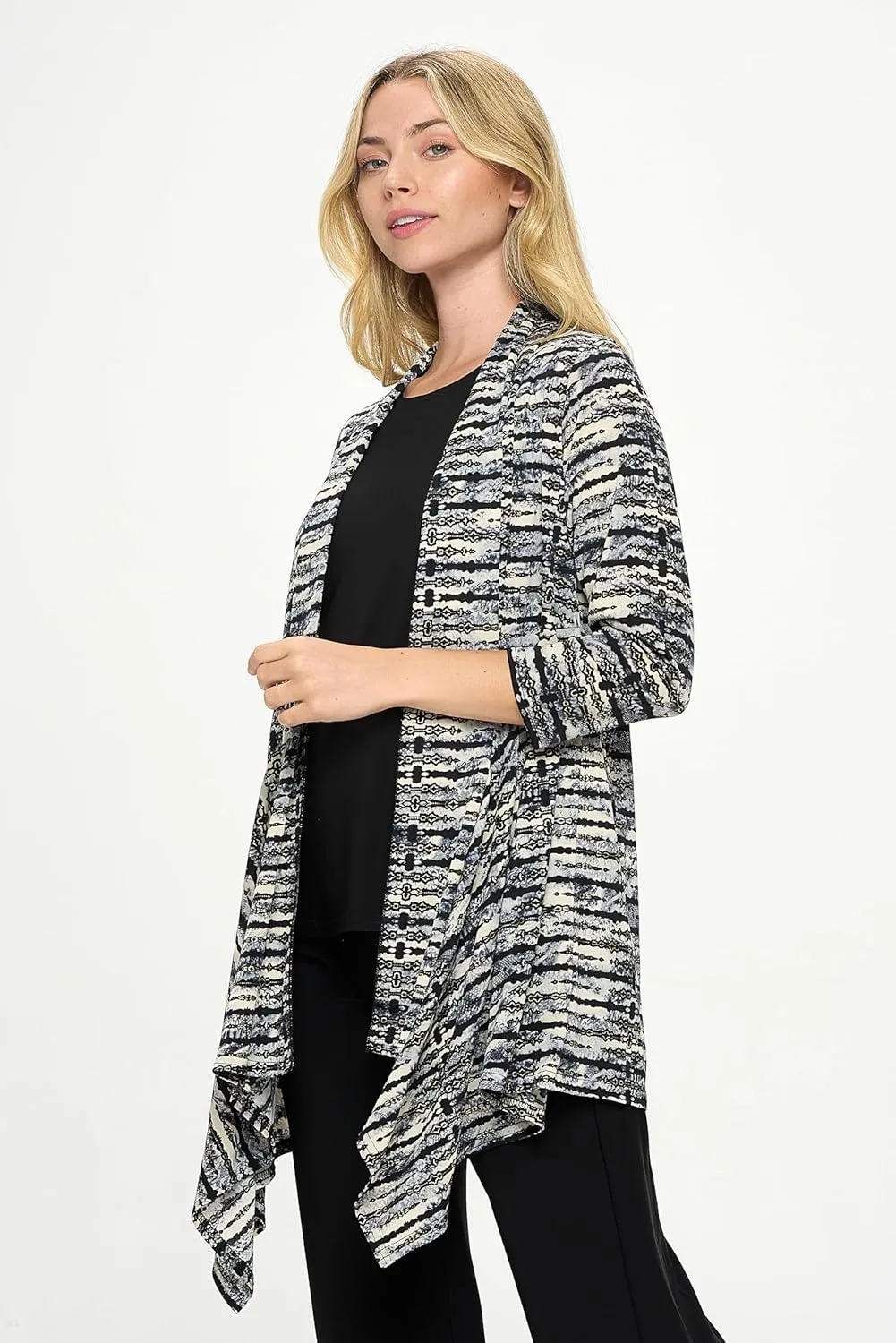 Jostar Women's Print Draped Cardigan - 3/4 Sleeve Printed Wrap Jacket
