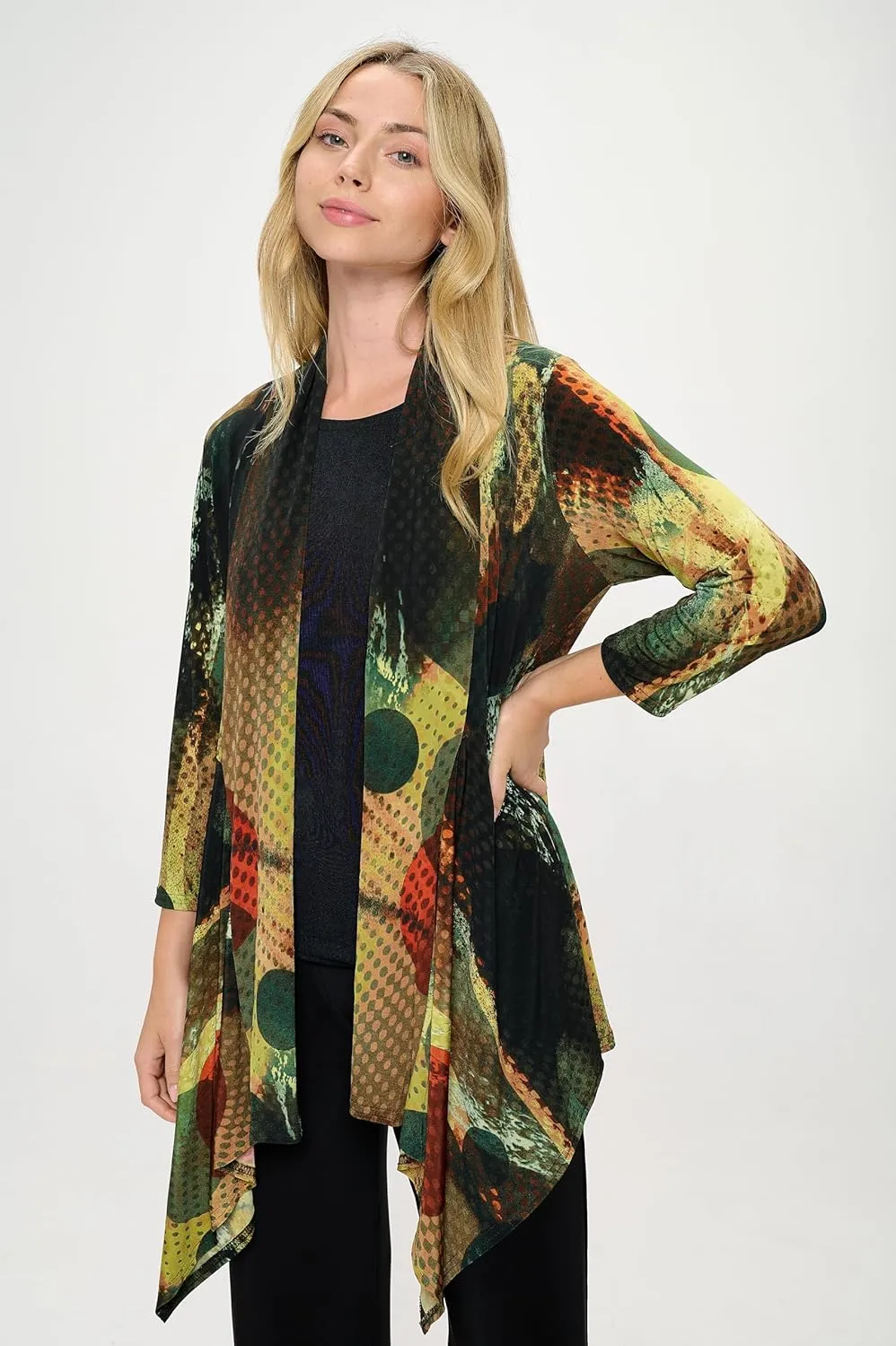 Jostar Women's Print Draped Cardigan - 3/4 Sleeve Printed Wrap Jacket