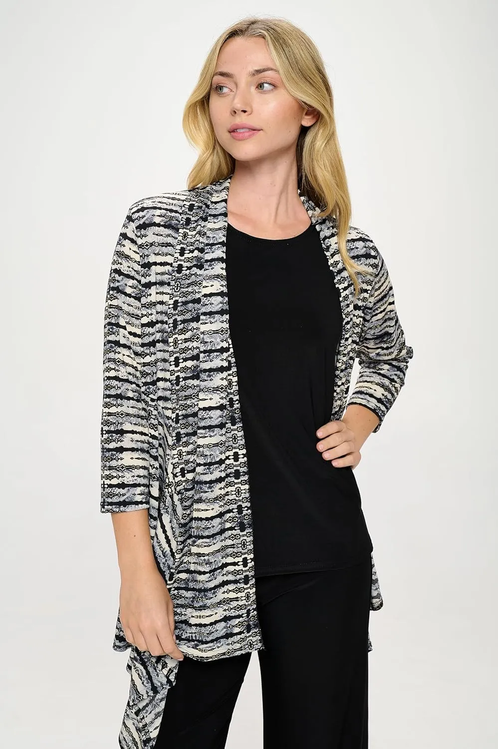 Jostar Women's Print Draped Cardigan - 3/4 Sleeve Printed Wrap Jacket