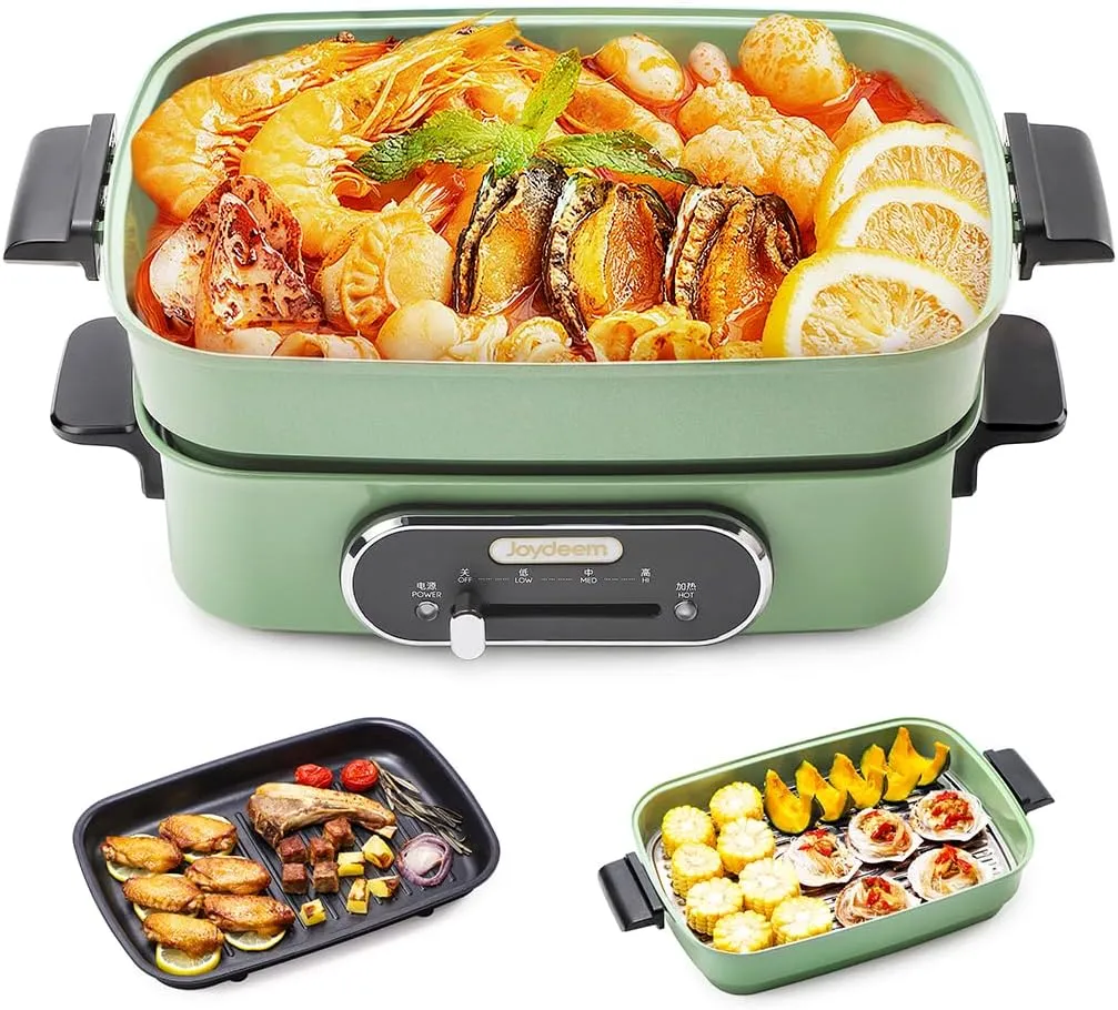 Joydeem 3-in-1 Electric Hot Pot, Multi-use Shabu Shabu Pot with Grill Pan & Steamer, Non-stick Ceramic Oil Coating, 4.5L, JD-HG9088G, Green, Standard