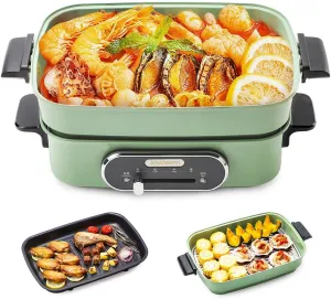 Joydeem 3-in-1 Electric Hot Pot, Multi-use Shabu Shabu Pot with Grill Pan & Steamer, Non-stick Ceramic Oil Coating, 4.5L, JD-HG9088G, Green, Standard