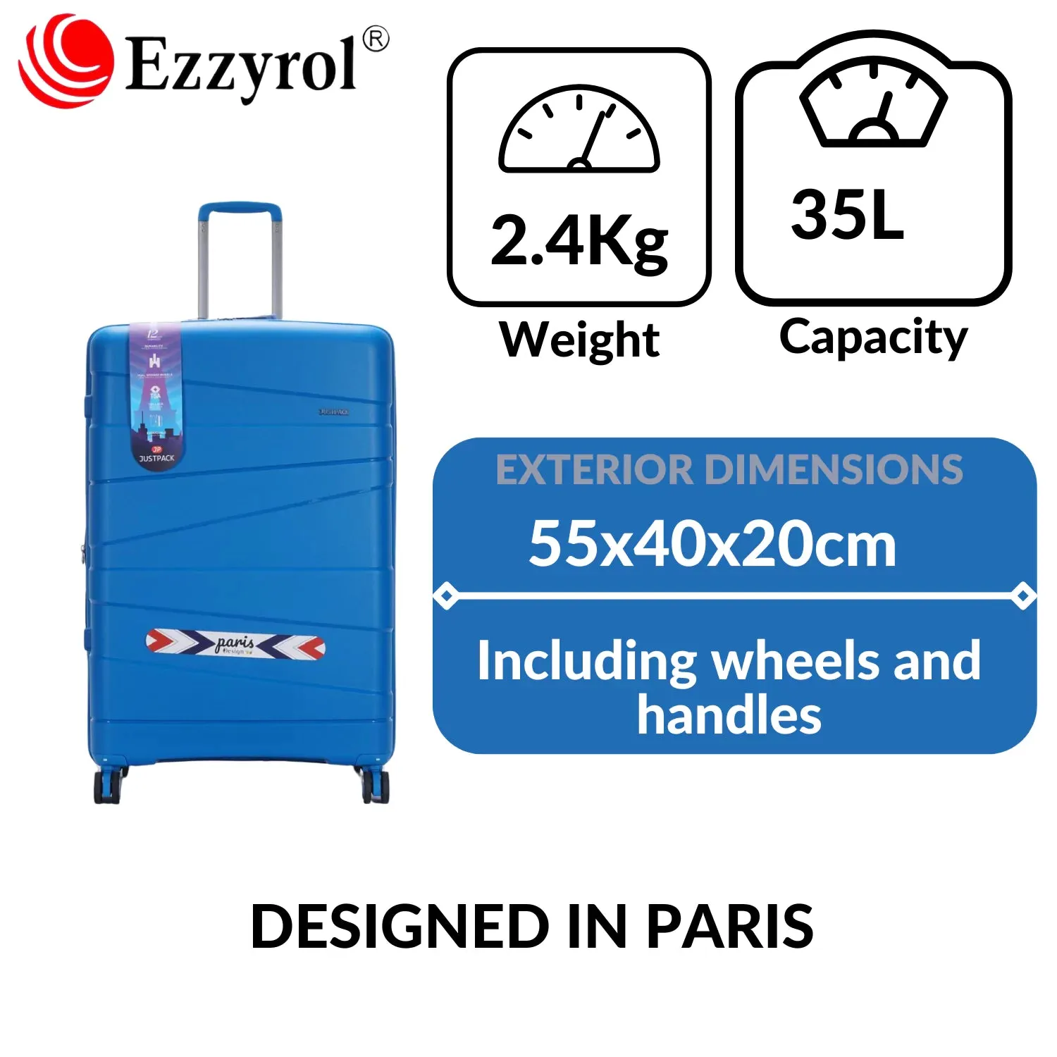 Justpack Pl106-  PP unbreakable 8 wheels Cabin Luggage - Black