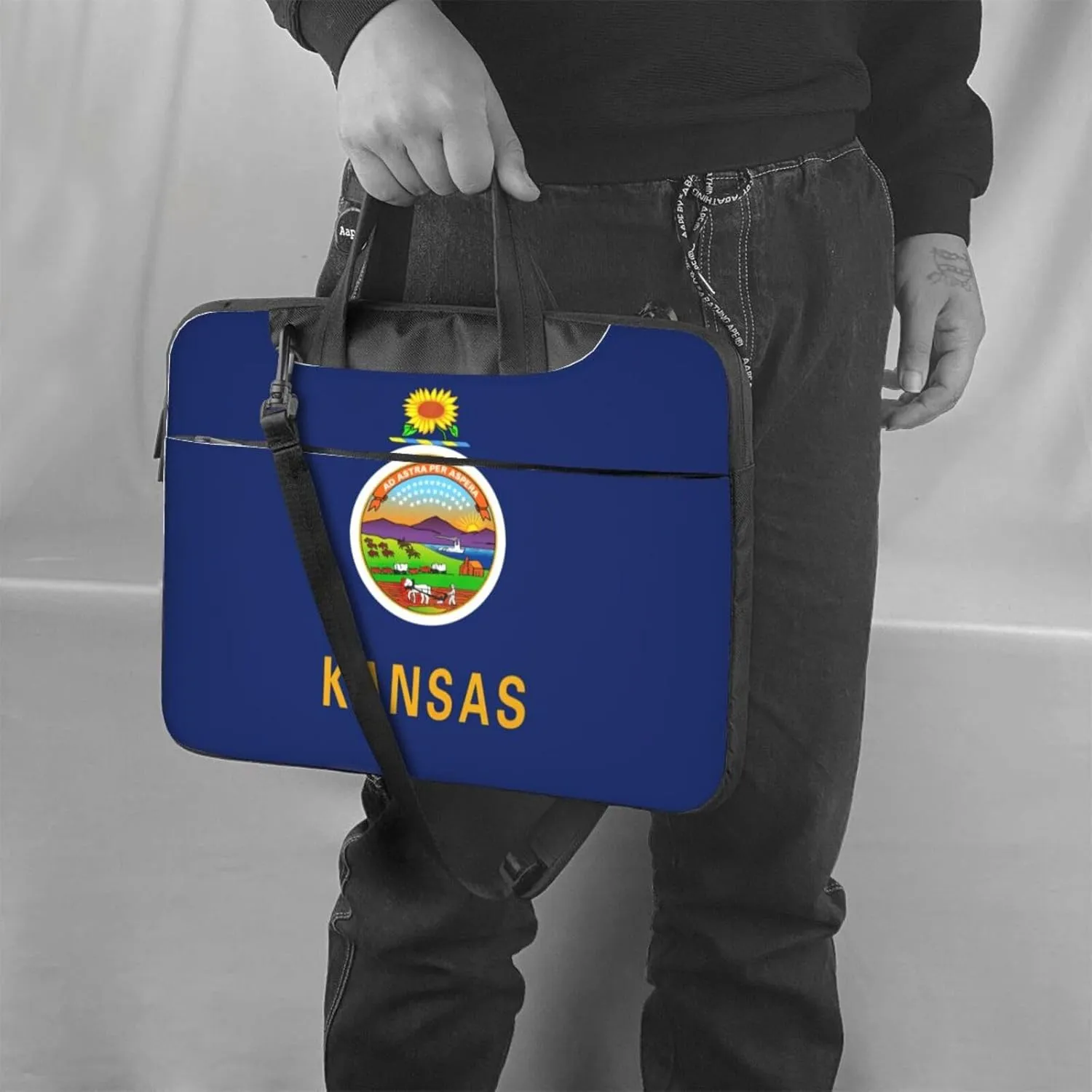 Kansas State Flag Print Laptop Adjustable Shoulder Strap With Handle Accessory Pocket For Men Women