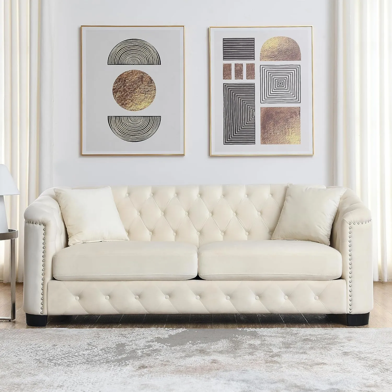 KEIKI 77" Chesterfield Sofa, Retro Upholstered Velvet Couch with Nailhead Arms, Tufted Backrests, 2 Cushions for Living Room Bedroom Office Apartment, Beige