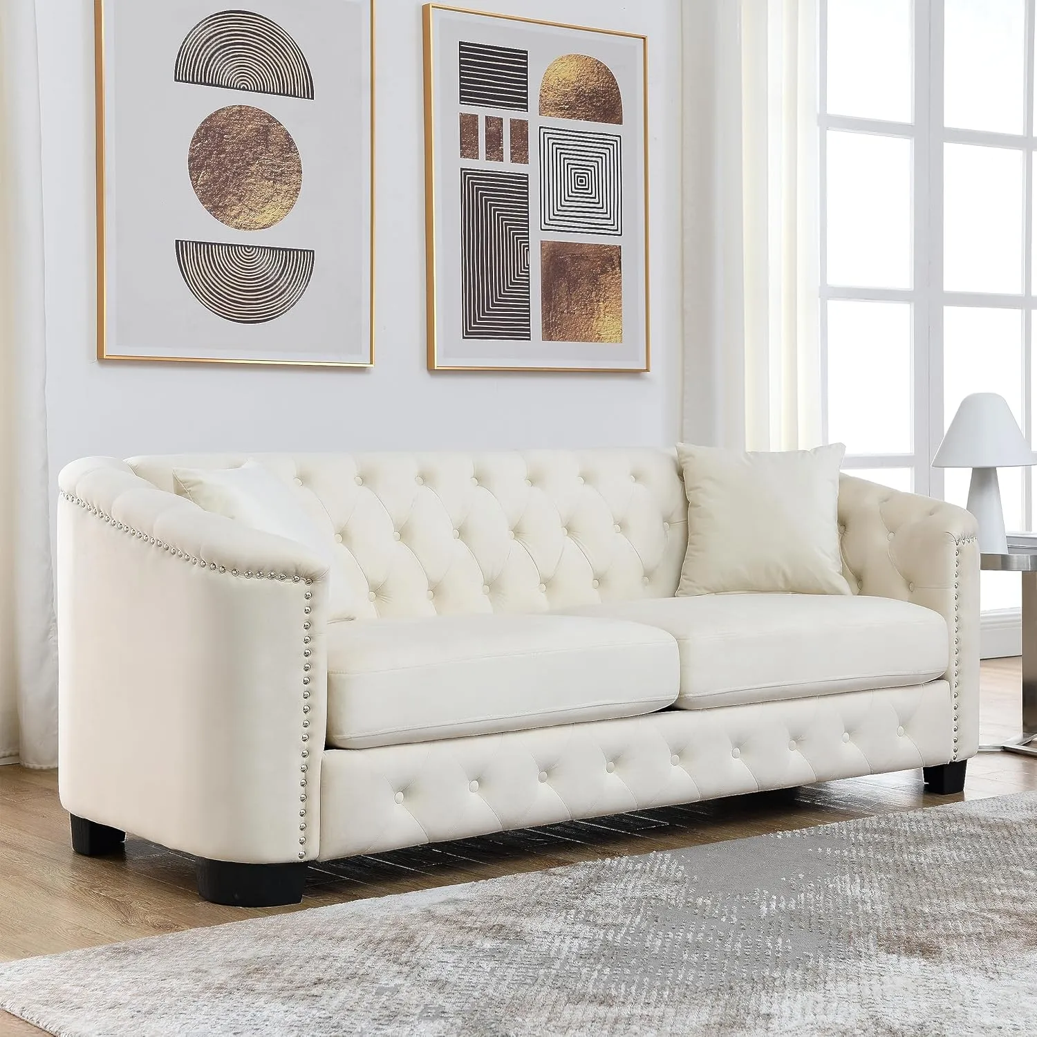 KEIKI 77" Chesterfield Sofa, Retro Upholstered Velvet Couch with Nailhead Arms, Tufted Backrests, 2 Cushions for Living Room Bedroom Office Apartment, Beige