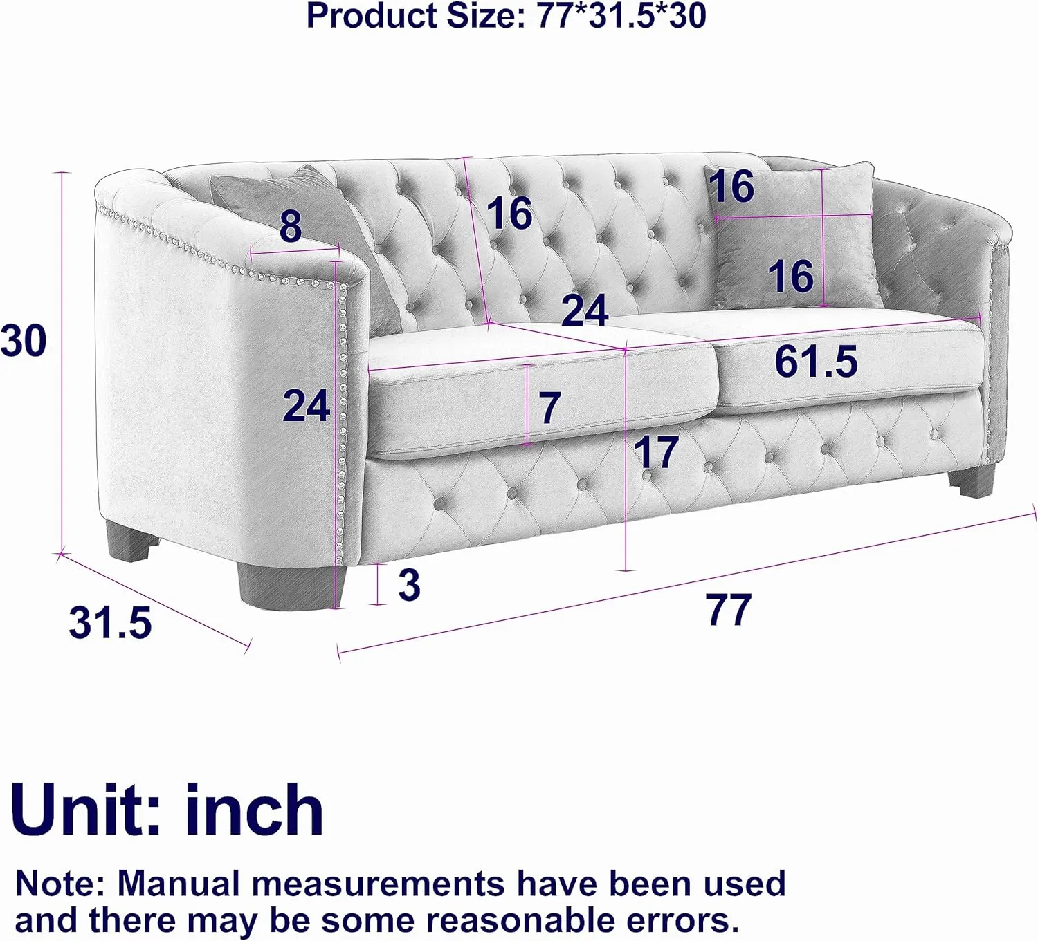 KEIKI 77" Chesterfield Sofa, Retro Upholstered Velvet Couch with Nailhead Arms, Tufted Backrests, 2 Cushions for Living Room Bedroom Office Apartment, Beige