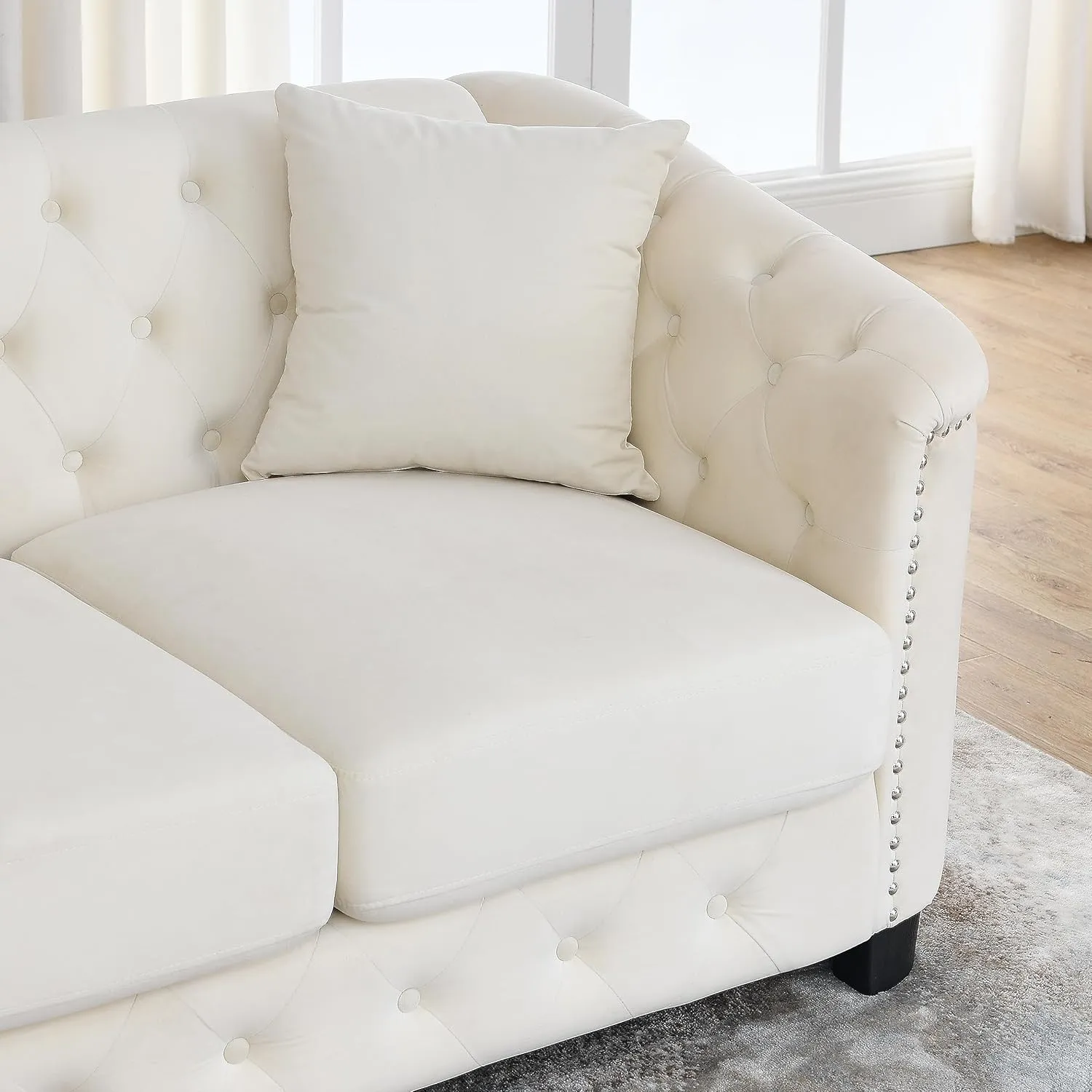 KEIKI 77" Chesterfield Sofa, Retro Upholstered Velvet Couch with Nailhead Arms, Tufted Backrests, 2 Cushions for Living Room Bedroom Office Apartment, Beige