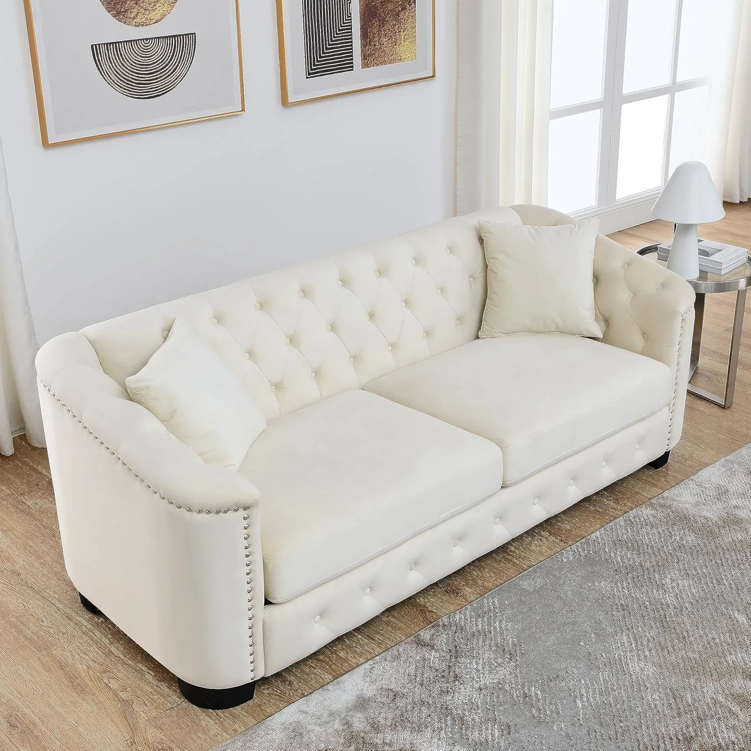 KEIKI 77" Chesterfield Sofa, Retro Upholstered Velvet Couch with Nailhead Arms, Tufted Backrests, 2 Cushions for Living Room Bedroom Office Apartment, Beige