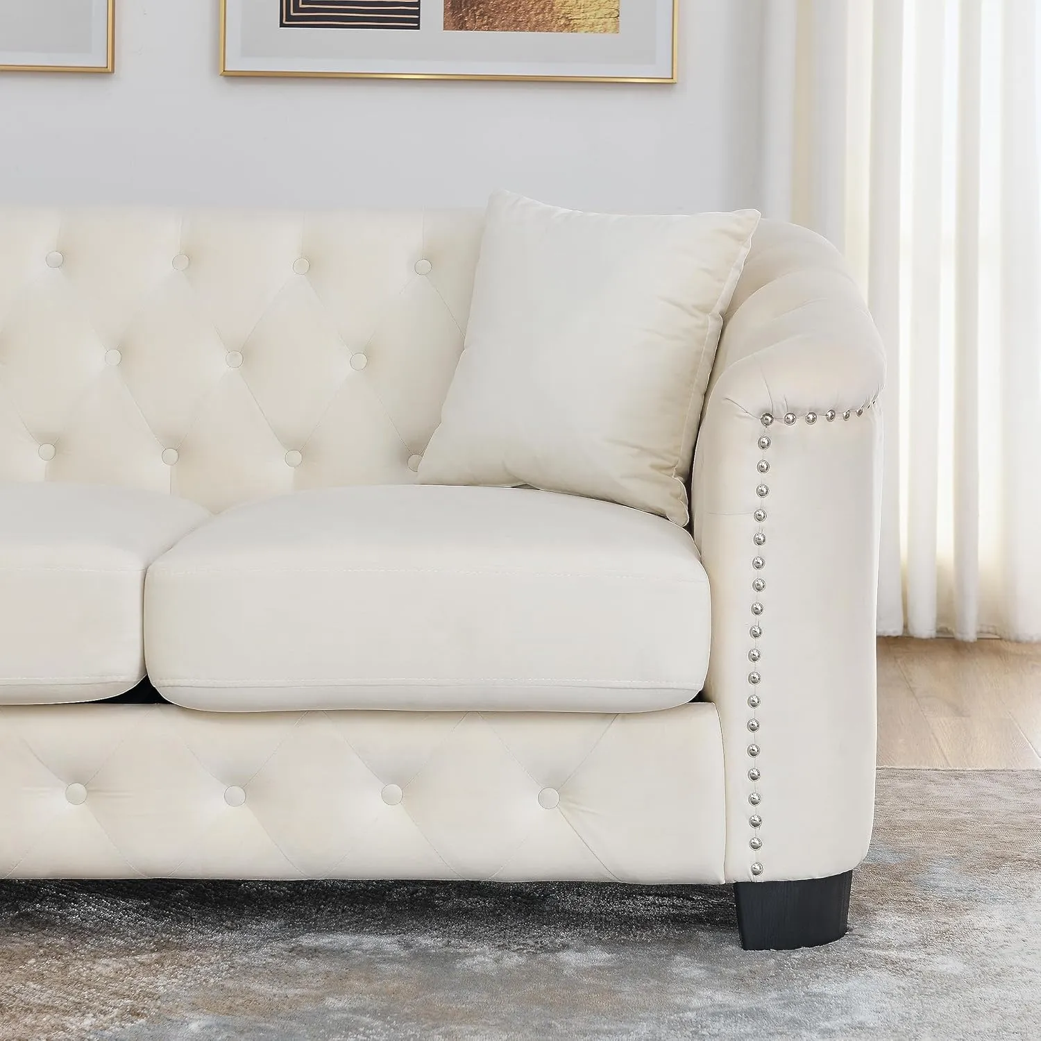KEIKI 77" Chesterfield Sofa, Retro Upholstered Velvet Couch with Nailhead Arms, Tufted Backrests, 2 Cushions for Living Room Bedroom Office Apartment, Beige