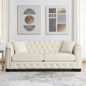 KEIKI 77" Chesterfield Sofa, Retro Upholstered Velvet Couch with Nailhead Arms, Tufted Backrests, 2 Cushions for Living Room Bedroom Office Apartment, Beige