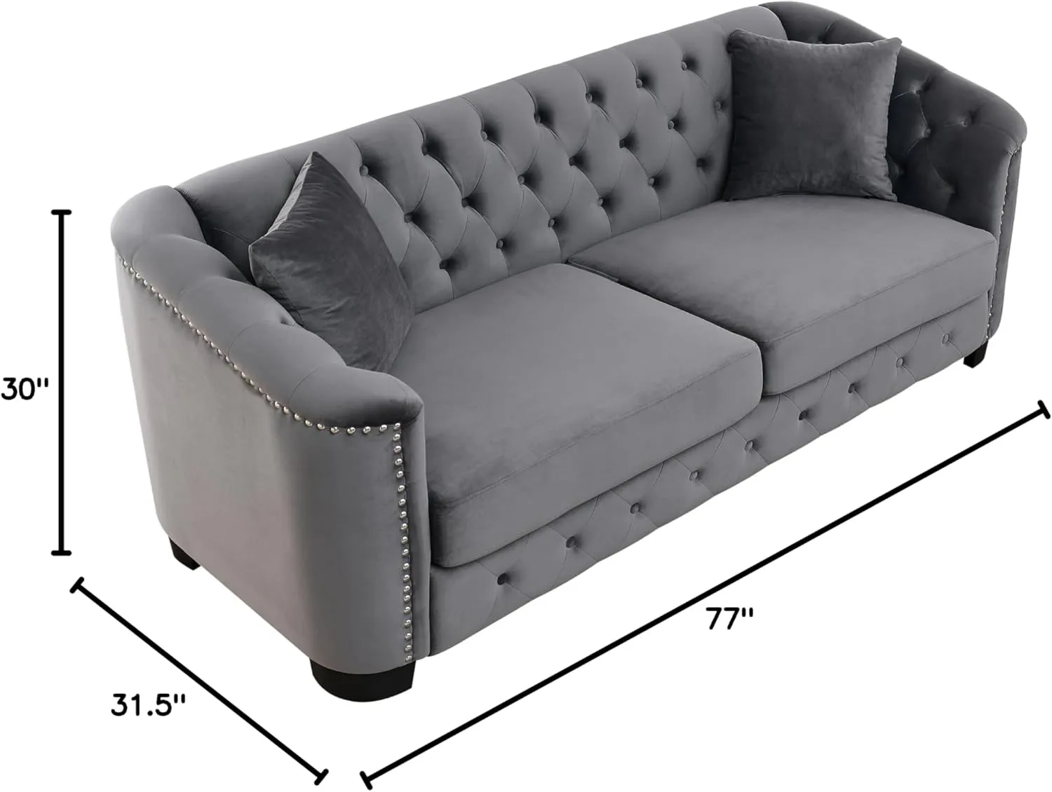 KEIKI 77" Chesterfield Sofa, Retro Upholstered Velvet Couch with Nailhead Arms, Tufted Backrests, 2 Cushions for Living Room Bedroom Office Apartment, Gray