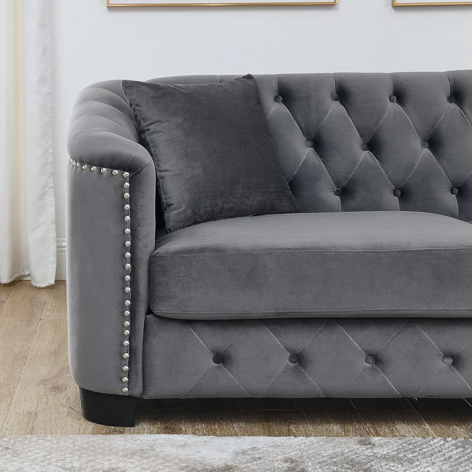 KEIKI 77" Chesterfield Sofa, Retro Upholstered Velvet Couch with Nailhead Arms, Tufted Backrests, 2 Cushions for Living Room Bedroom Office Apartment, Gray
