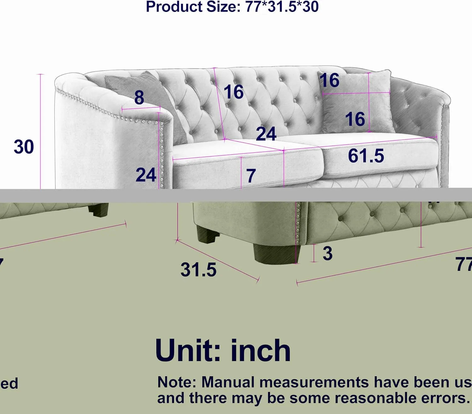 KEIKI 77" Chesterfield Sofa, Retro Upholstered Velvet Couch with Nailhead Arms, Tufted Backrests, 2 Cushions for Living Room Bedroom Office Apartment, Gray