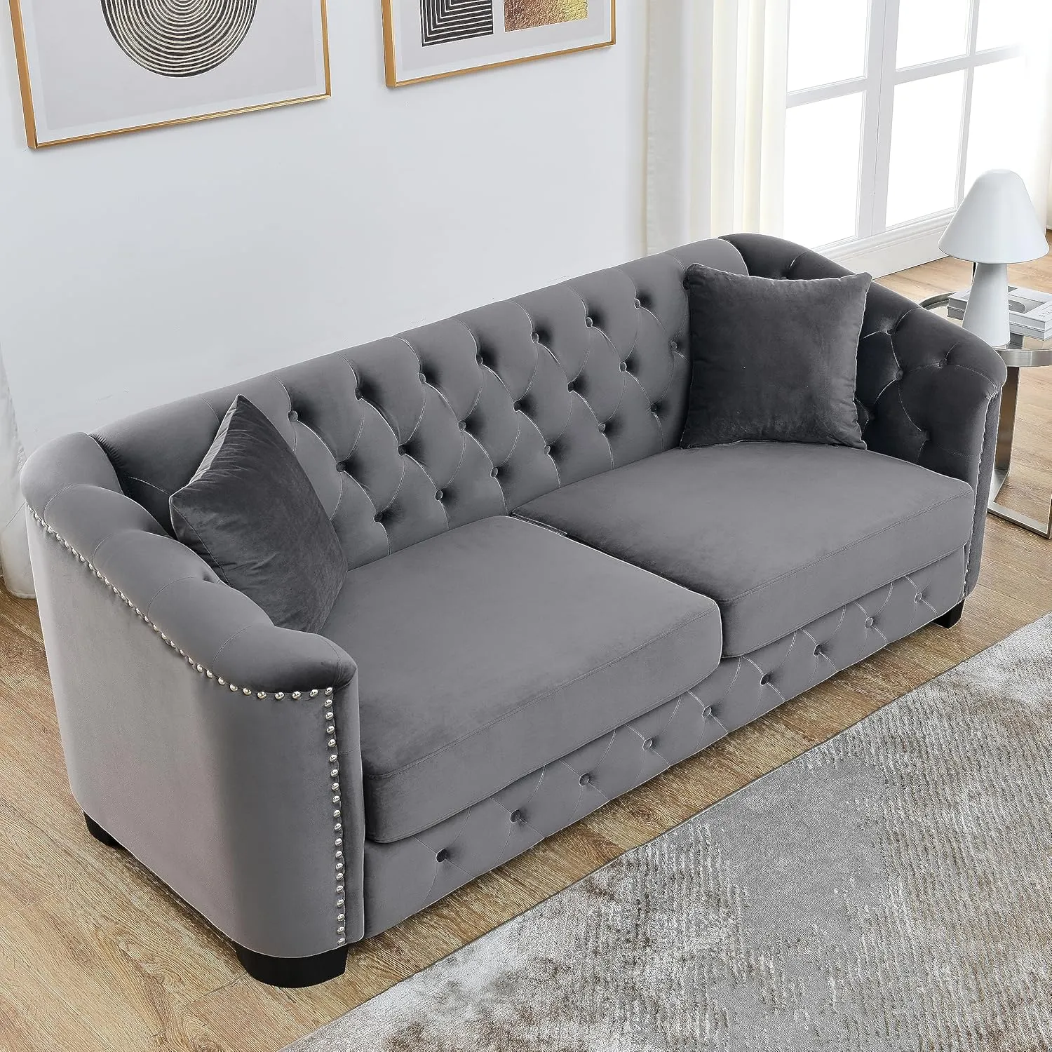 KEIKI 77" Chesterfield Sofa, Retro Upholstered Velvet Couch with Nailhead Arms, Tufted Backrests, 2 Cushions for Living Room Bedroom Office Apartment, Gray