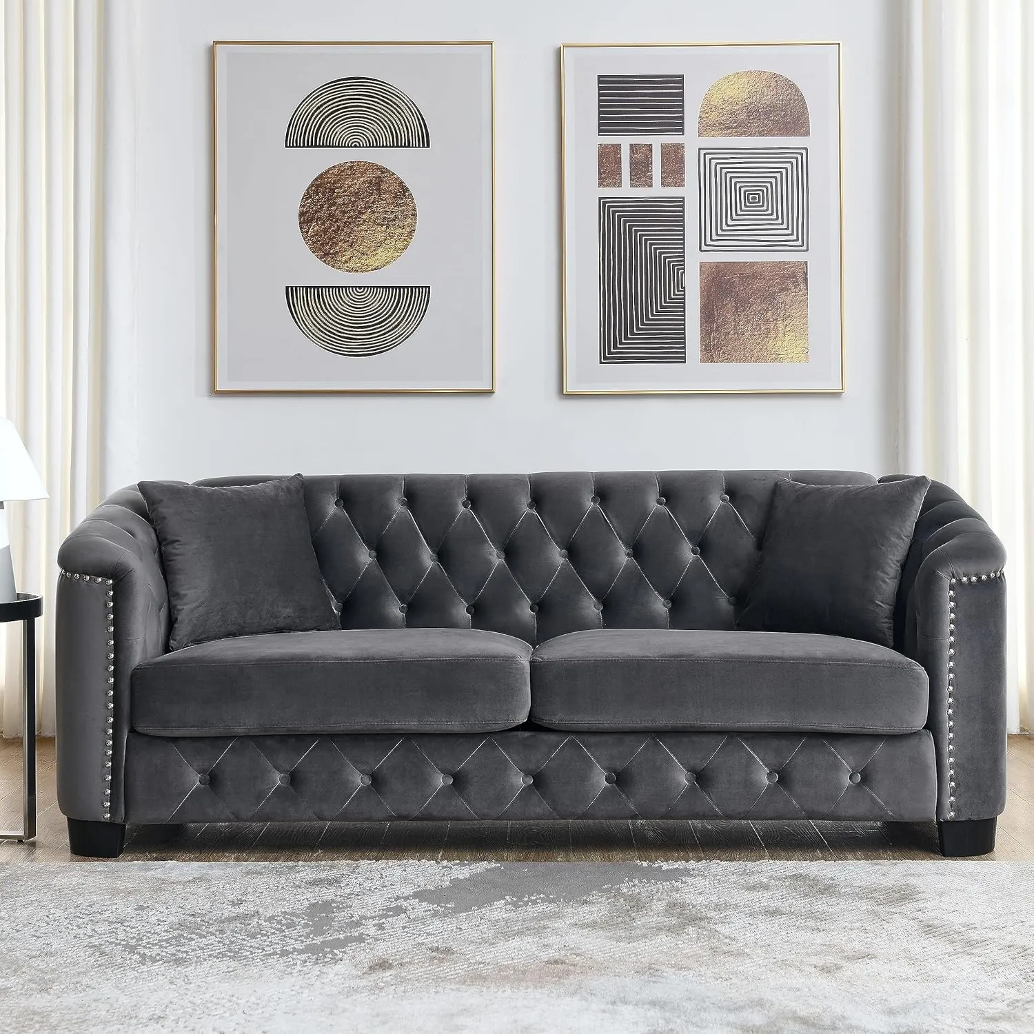 KEIKI 77" Chesterfield Sofa, Retro Upholstered Velvet Couch with Nailhead Arms, Tufted Backrests, 2 Cushions for Living Room Bedroom Office Apartment, Gray
