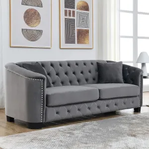 KEIKI 77" Chesterfield Sofa, Retro Upholstered Velvet Couch with Nailhead Arms, Tufted Backrests, 2 Cushions for Living Room Bedroom Office Apartment, Gray