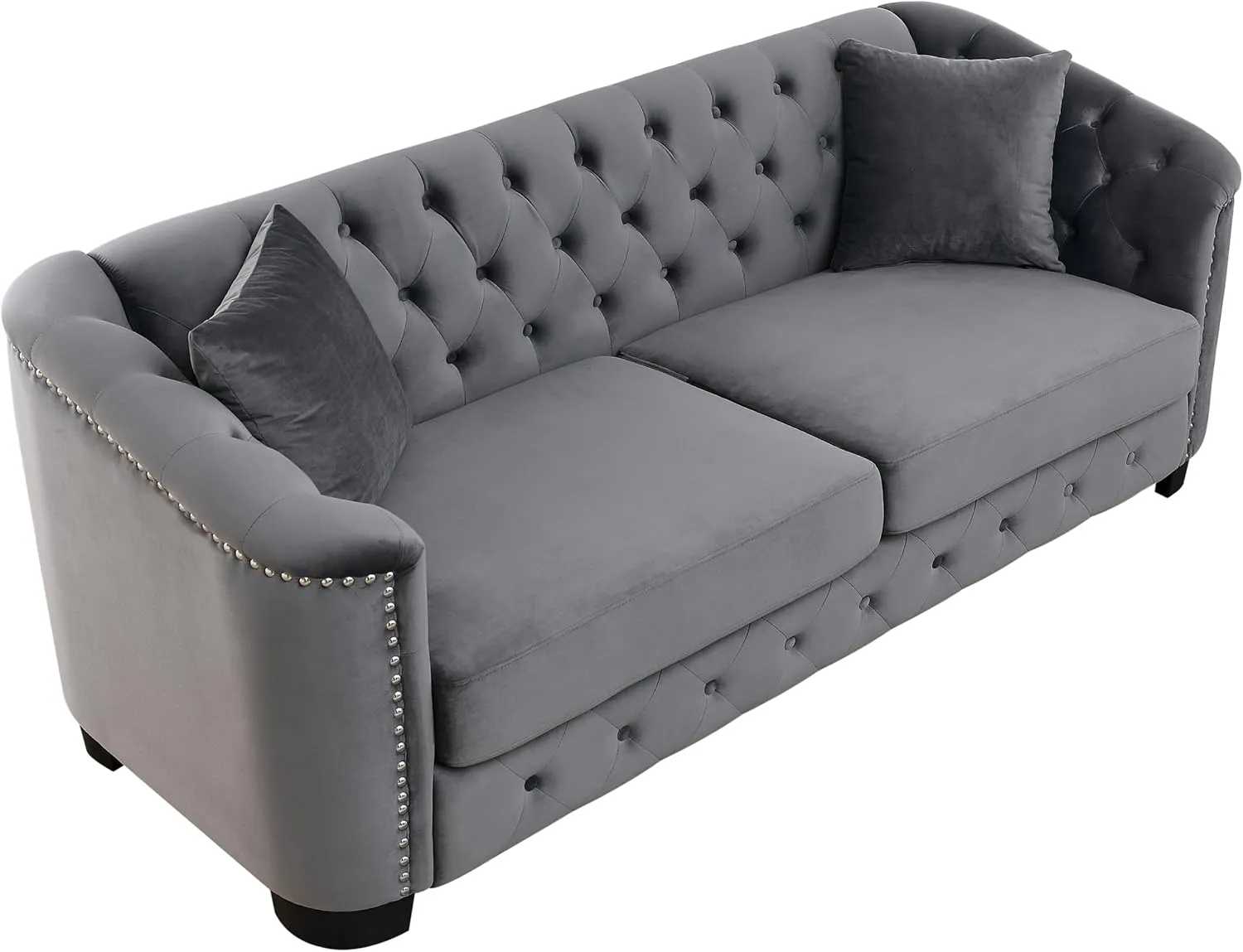 KEIKI 77" Chesterfield Sofa, Retro Upholstered Velvet Couch with Nailhead Arms, Tufted Backrests, 2 Cushions for Living Room Bedroom Office Apartment, Gray