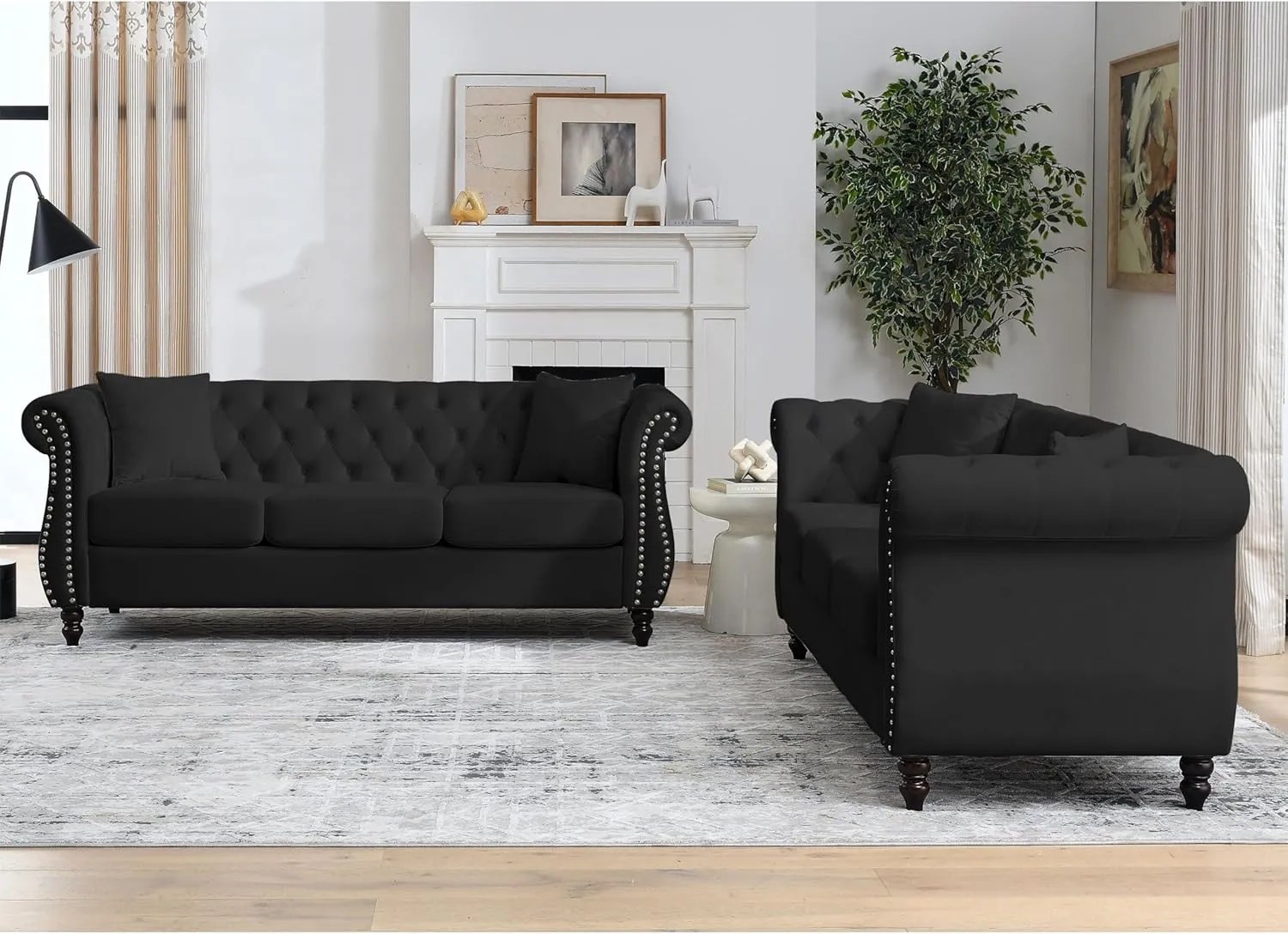 KEIKI Chesterfield Sofa, Retro Style Upholstered 3 3 Seats Velvet Couch with Rolled Arm for Living Room Bedroom Office, Black